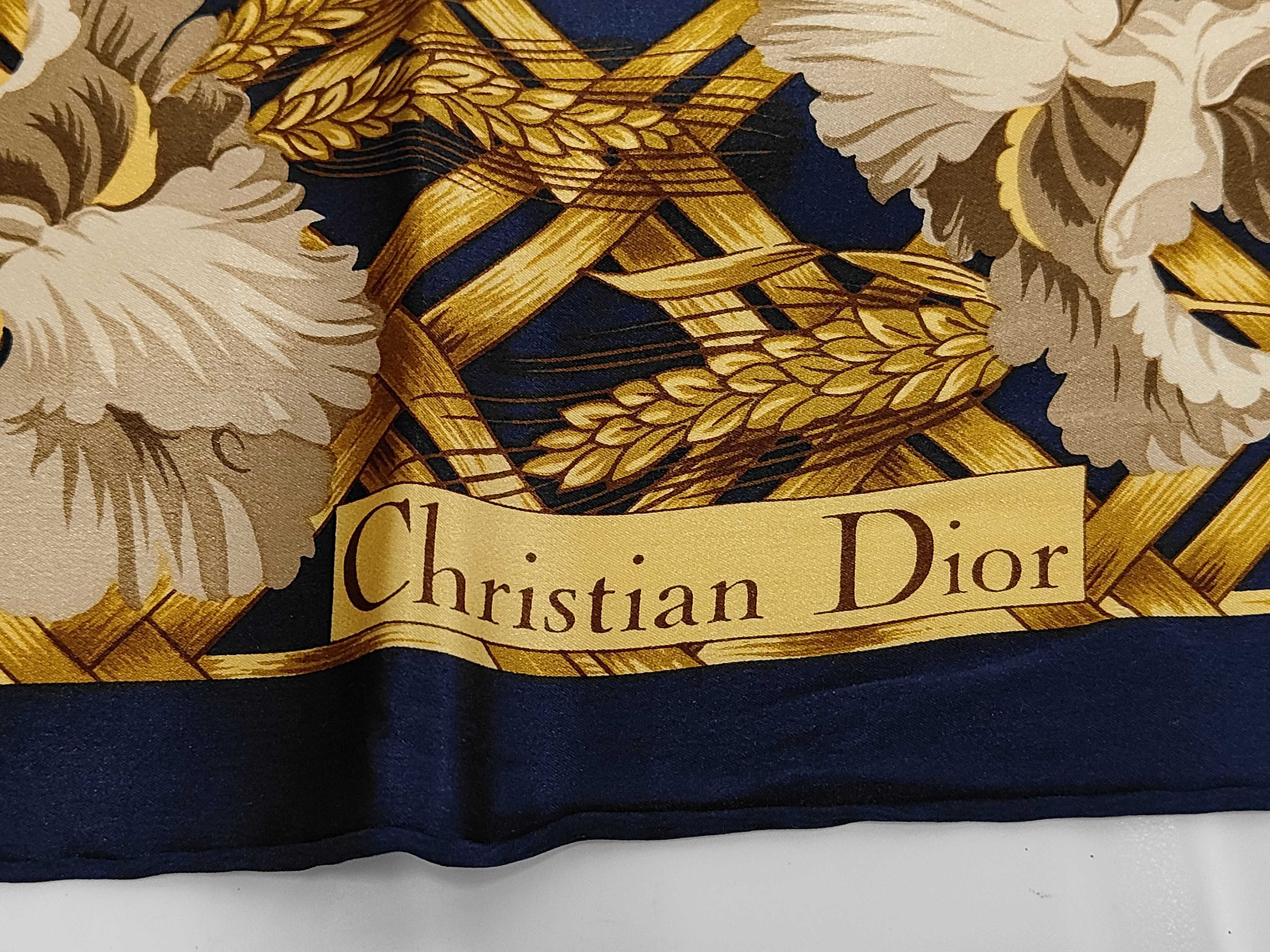 Christian Dior Vintage Navy and Gold Silk Scarf with Iris and Wheat Motif