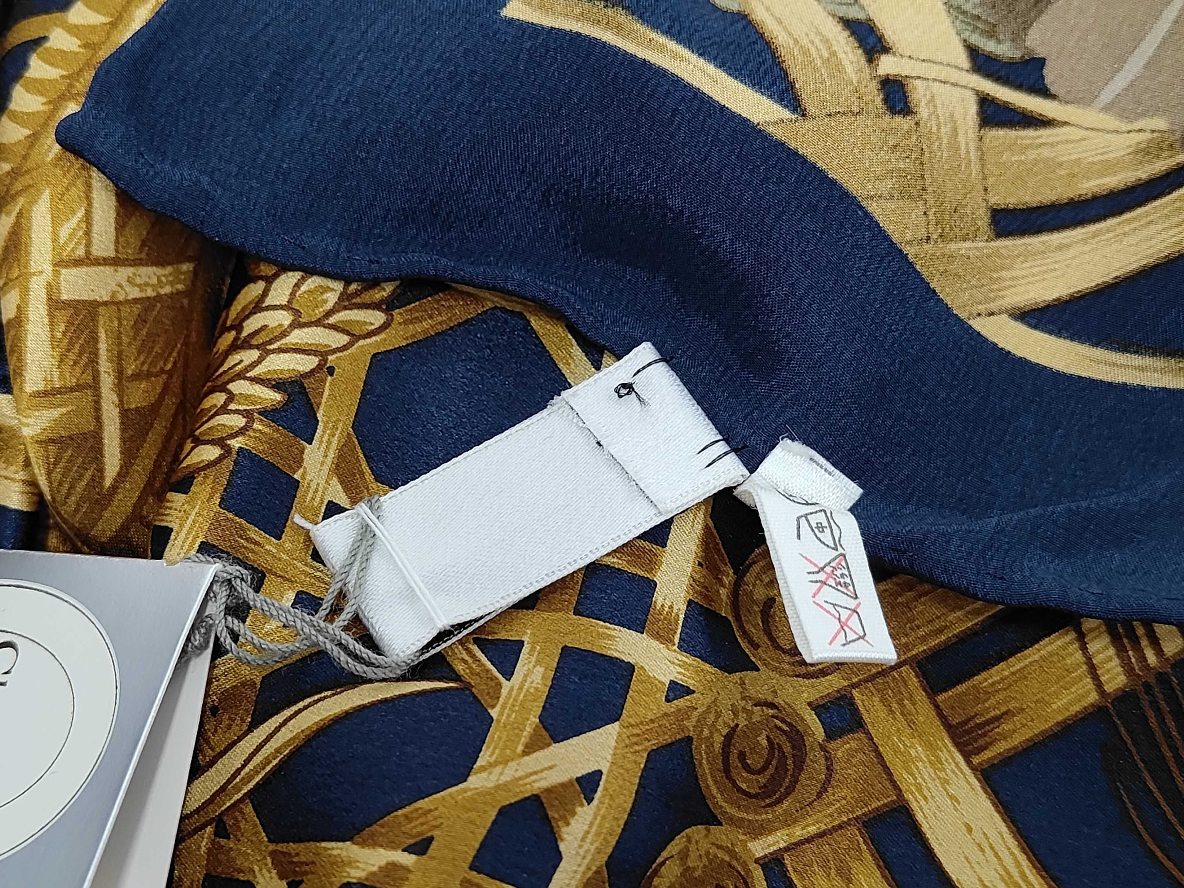 Christian Dior Vintage Navy and Gold Silk Scarf with Iris and Wheat Motif