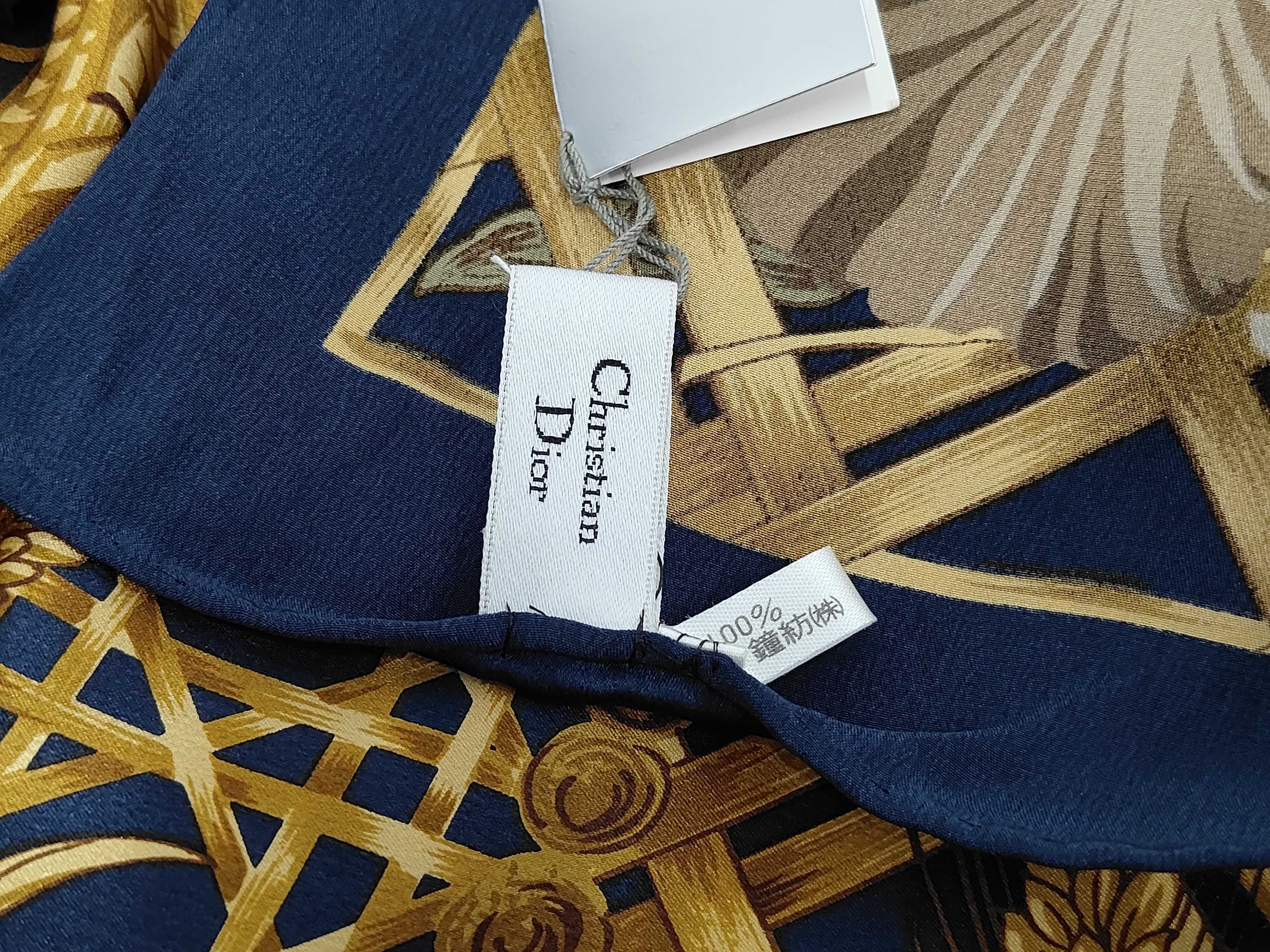 Christian Dior Vintage Navy and Gold Silk Scarf with Iris and Wheat Motif