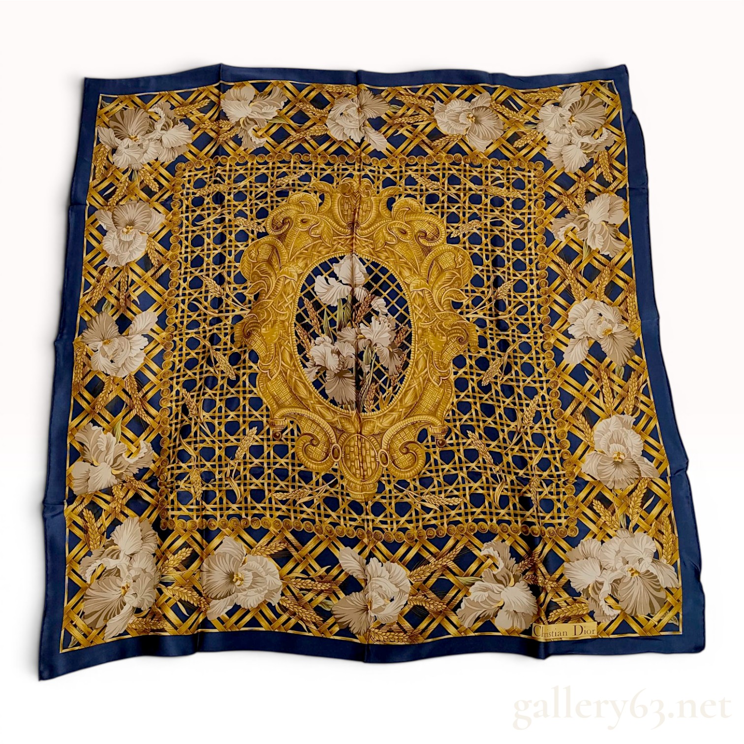 Christian Dior Vintage Navy and Gold Silk Scarf with Iris and Wheat Motif