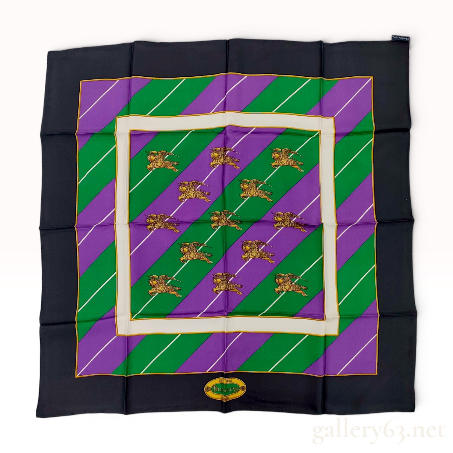 Vintage Burberrys' of London Striped Silk Scarf with Equestrian Knight Motif