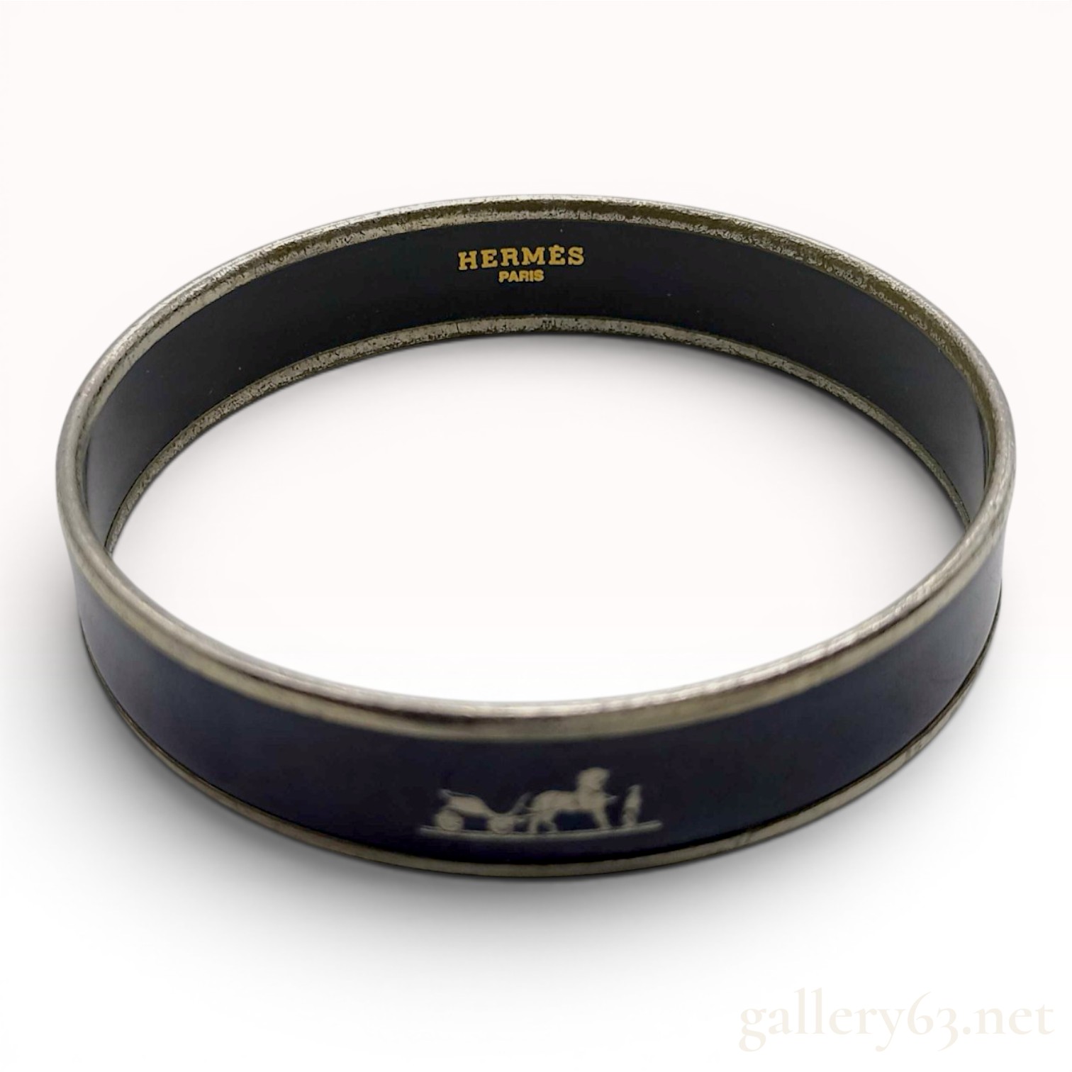 Hermes Narrow Navy Enamel Caleche Bangle Bracelet