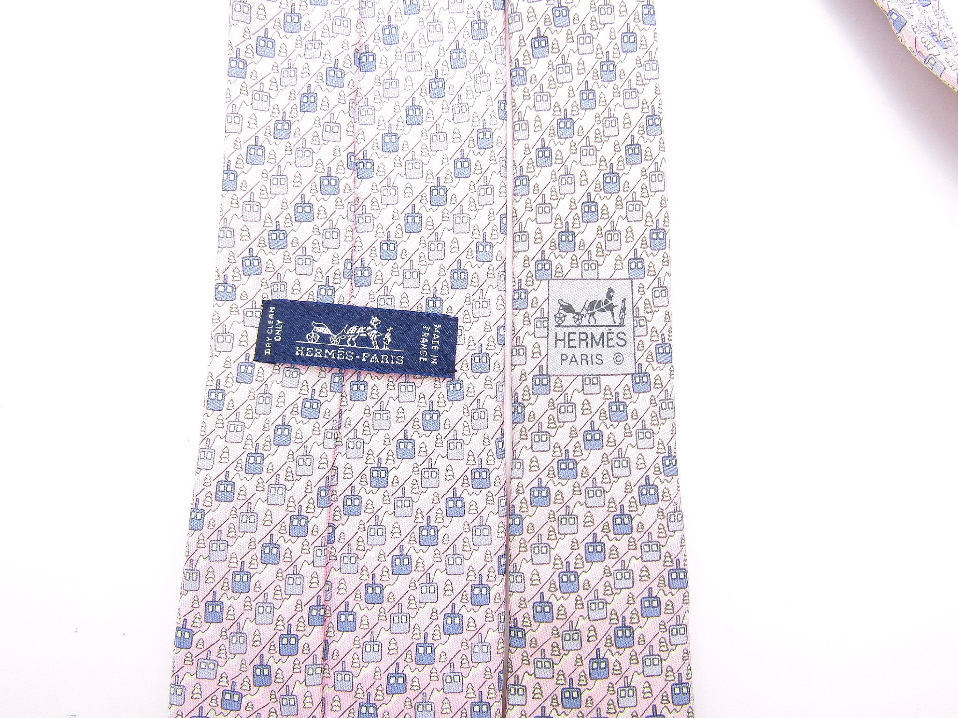 Hermes Ski Lift Print Pink Silk Tie