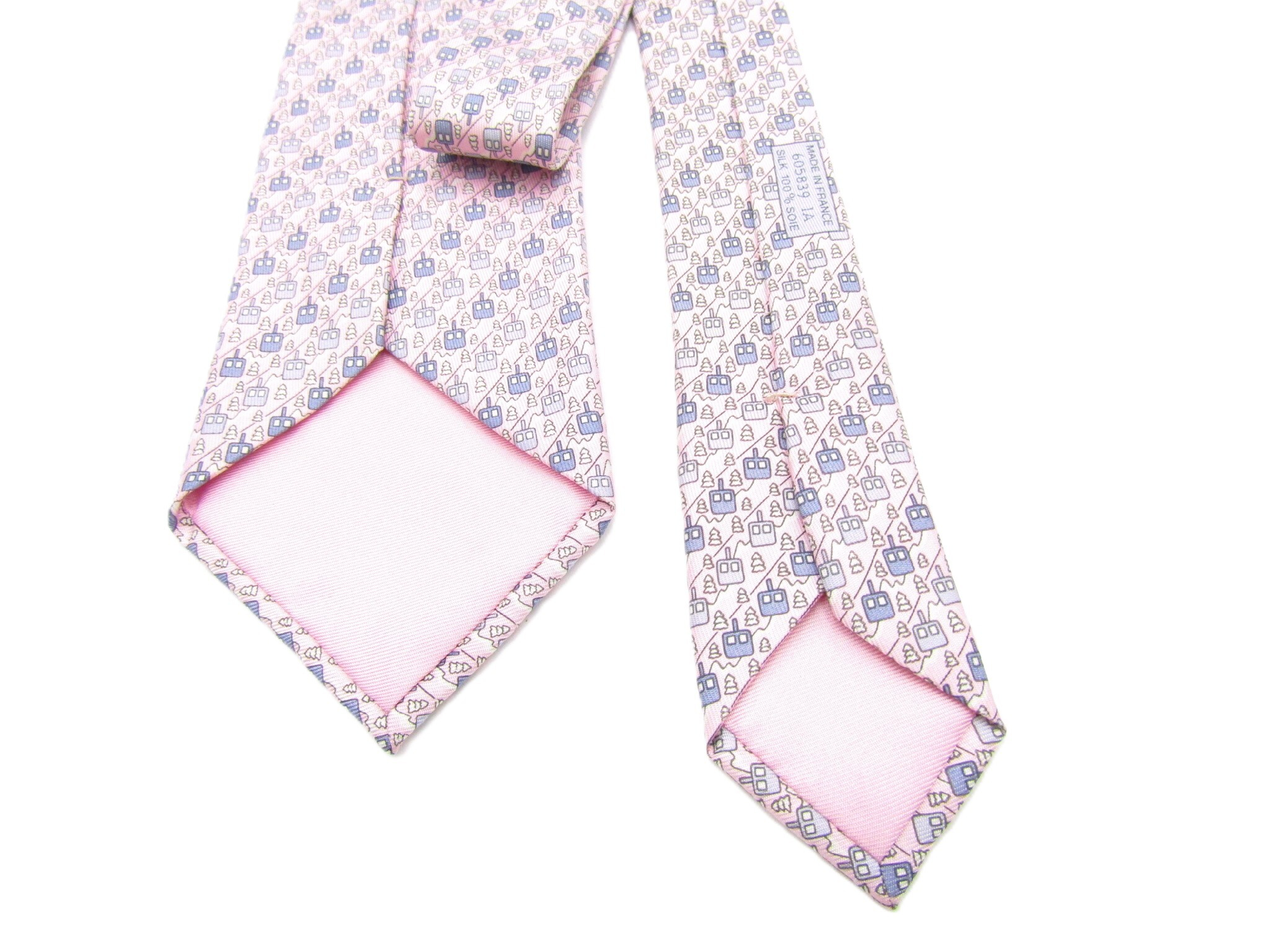 Hermes Ski Lift Print Pink Silk Tie