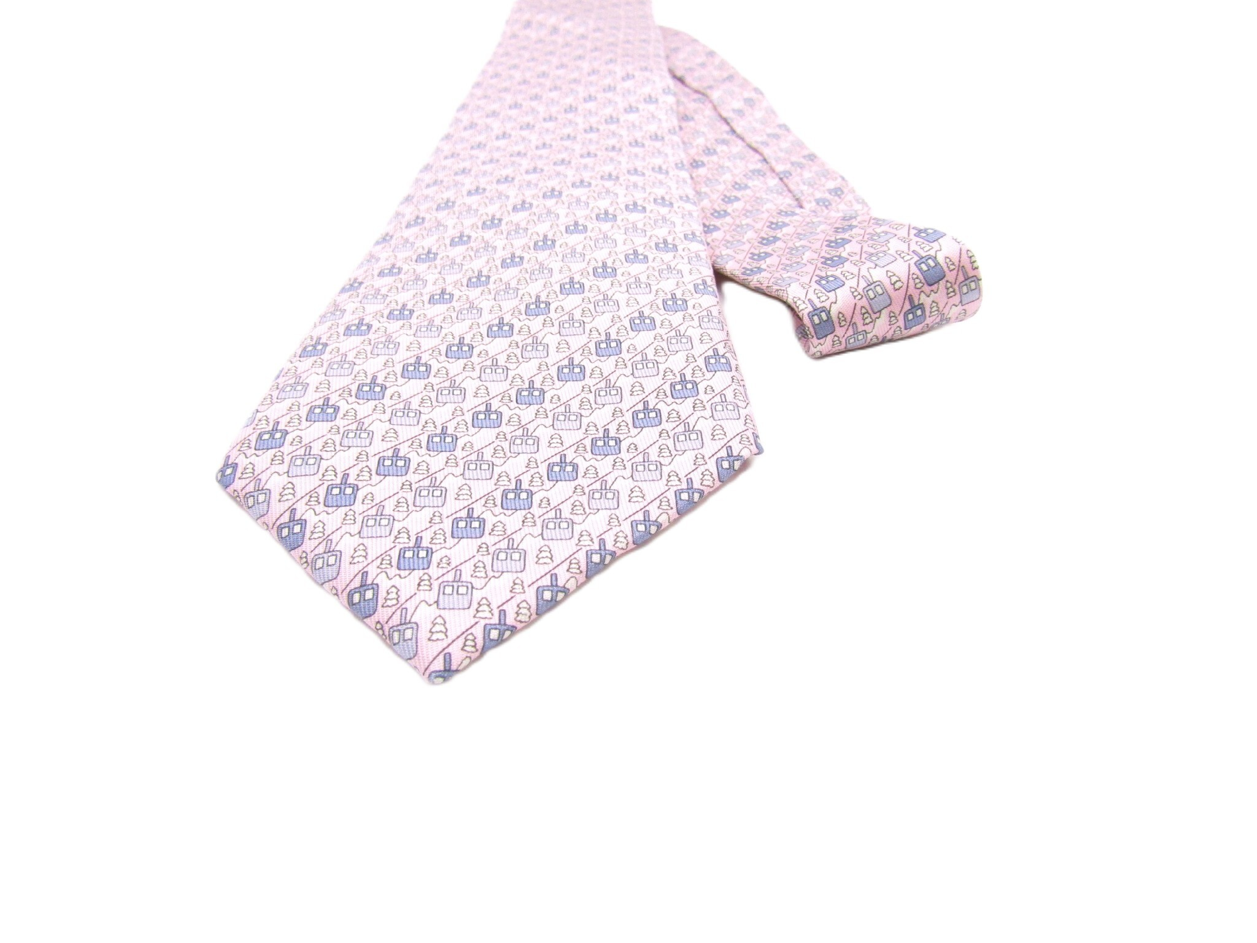 Hermes Ski Lift Print Pink Silk Tie