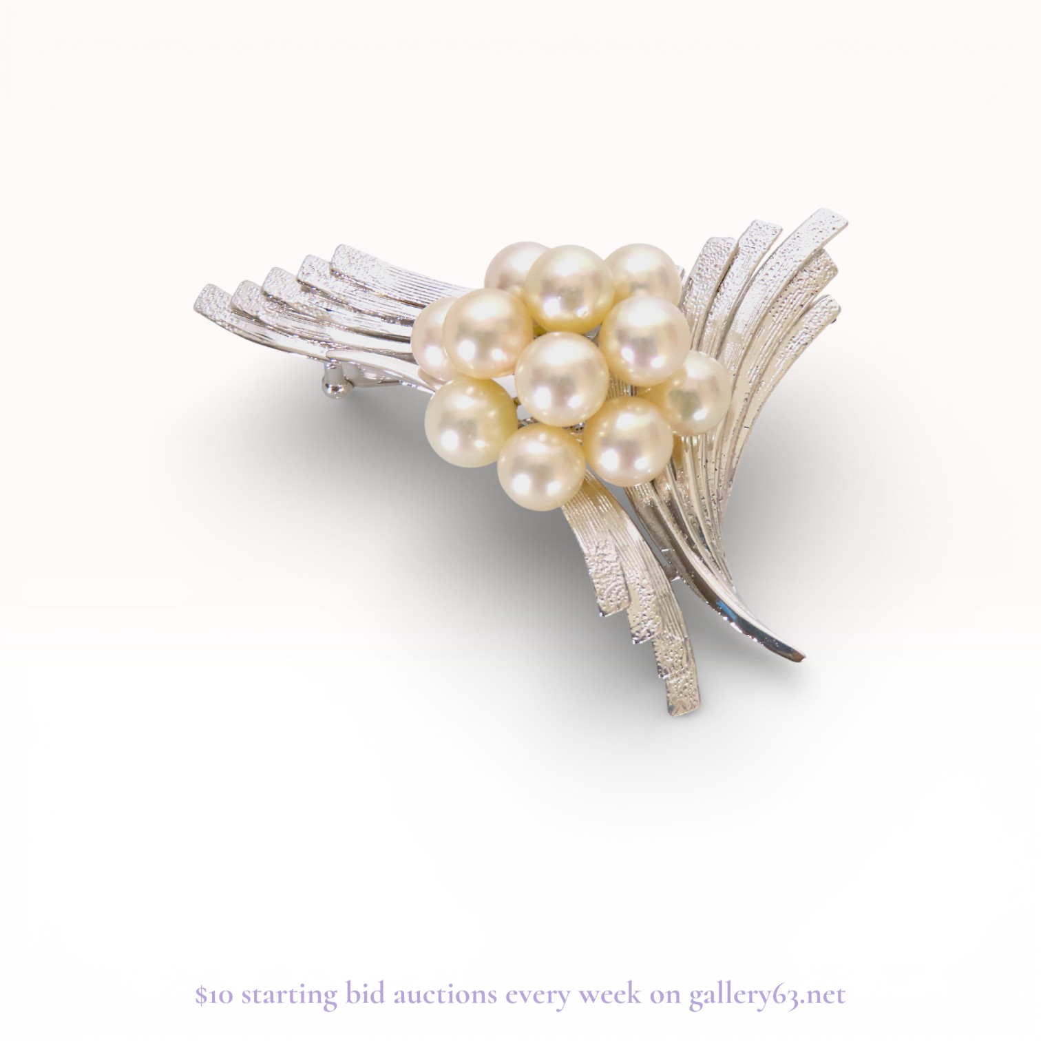 Japanese Mid-Century Cultured Pearl and Silver Spray Brooch