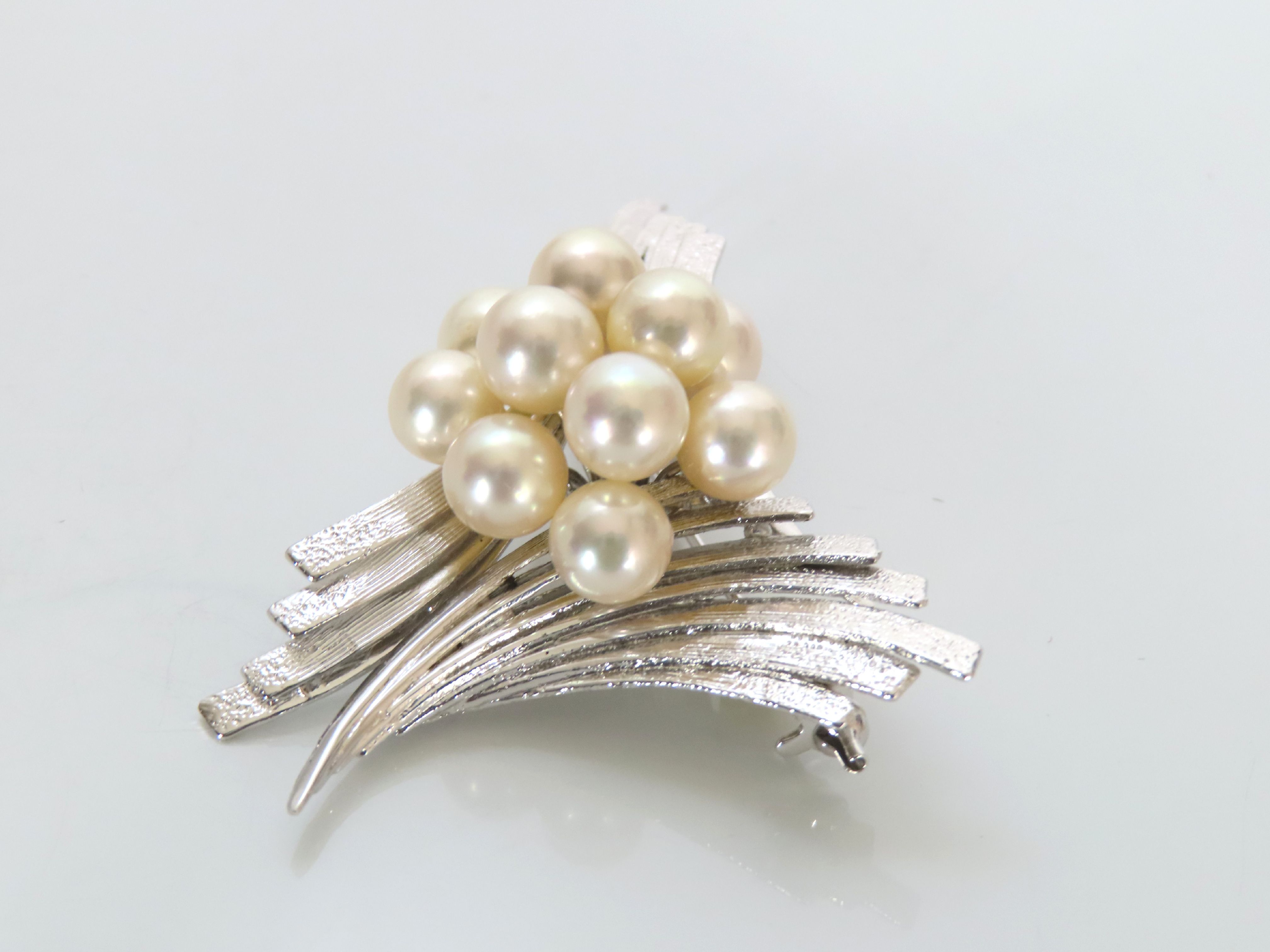 Japanese Mid-Century Cultured Pearl and Silver Spray Brooch