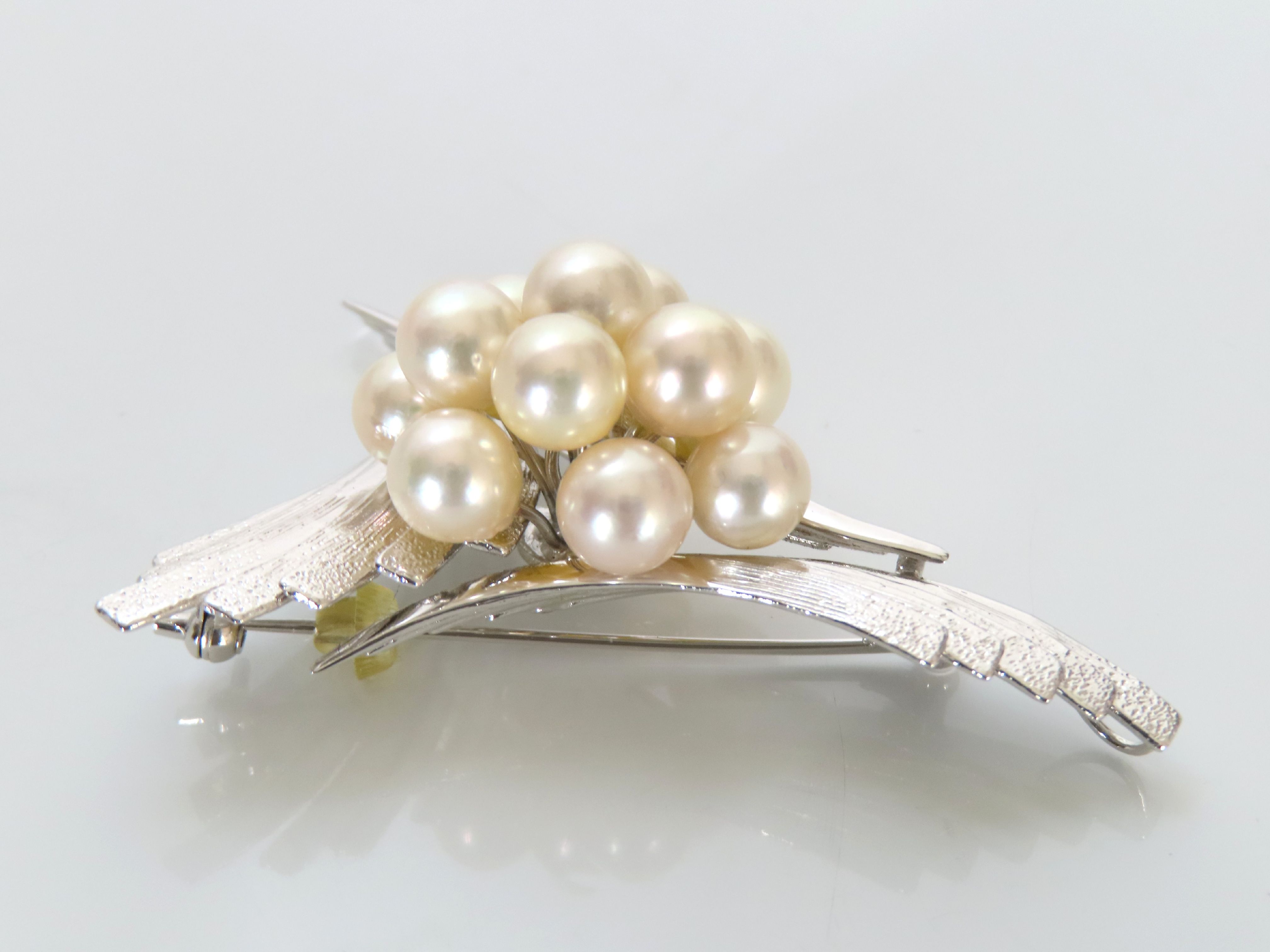 Japanese Mid-Century Cultured Pearl and Silver Spray Brooch