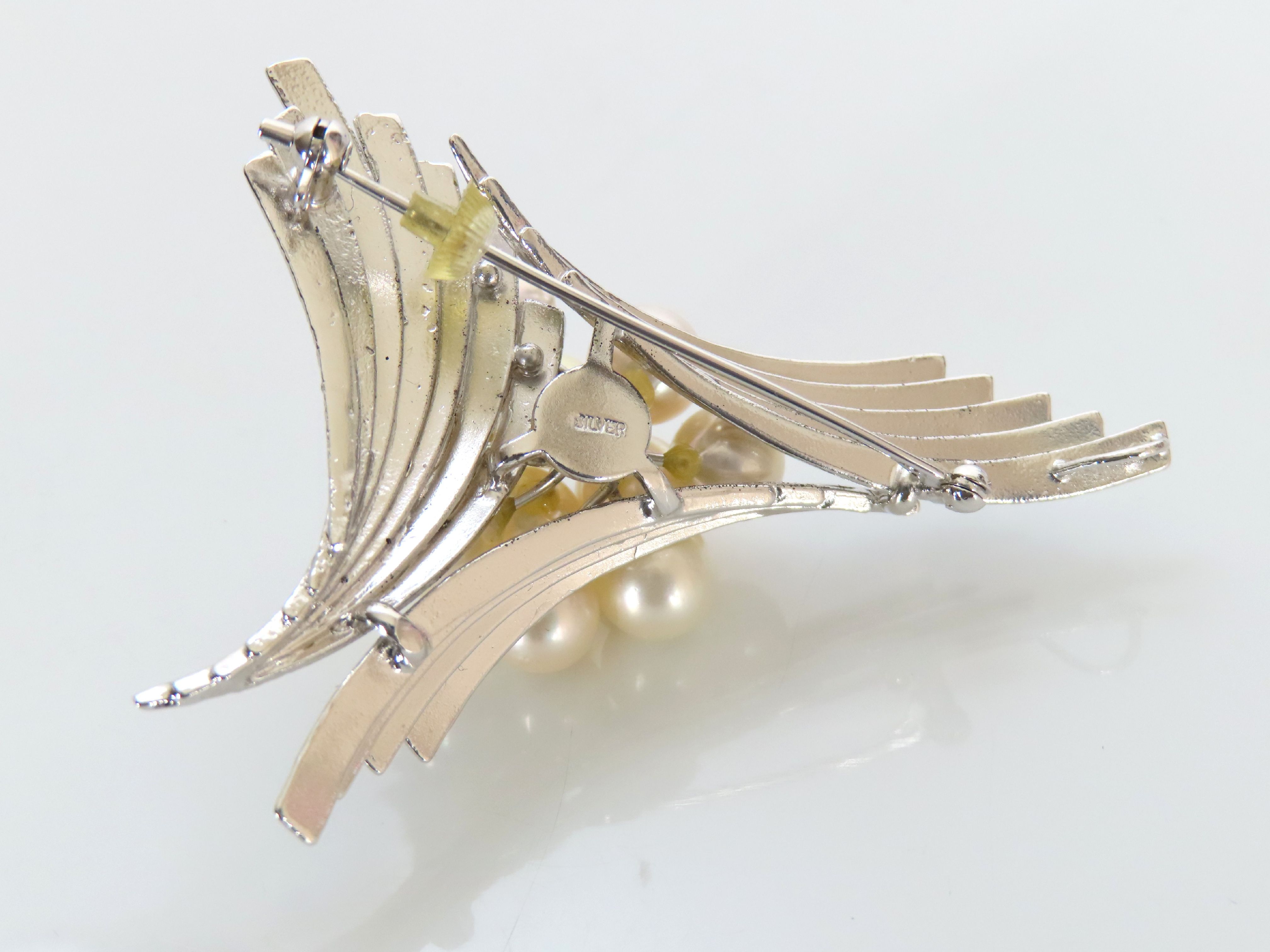 Japanese Mid-Century Cultured Pearl and Silver Spray Brooch