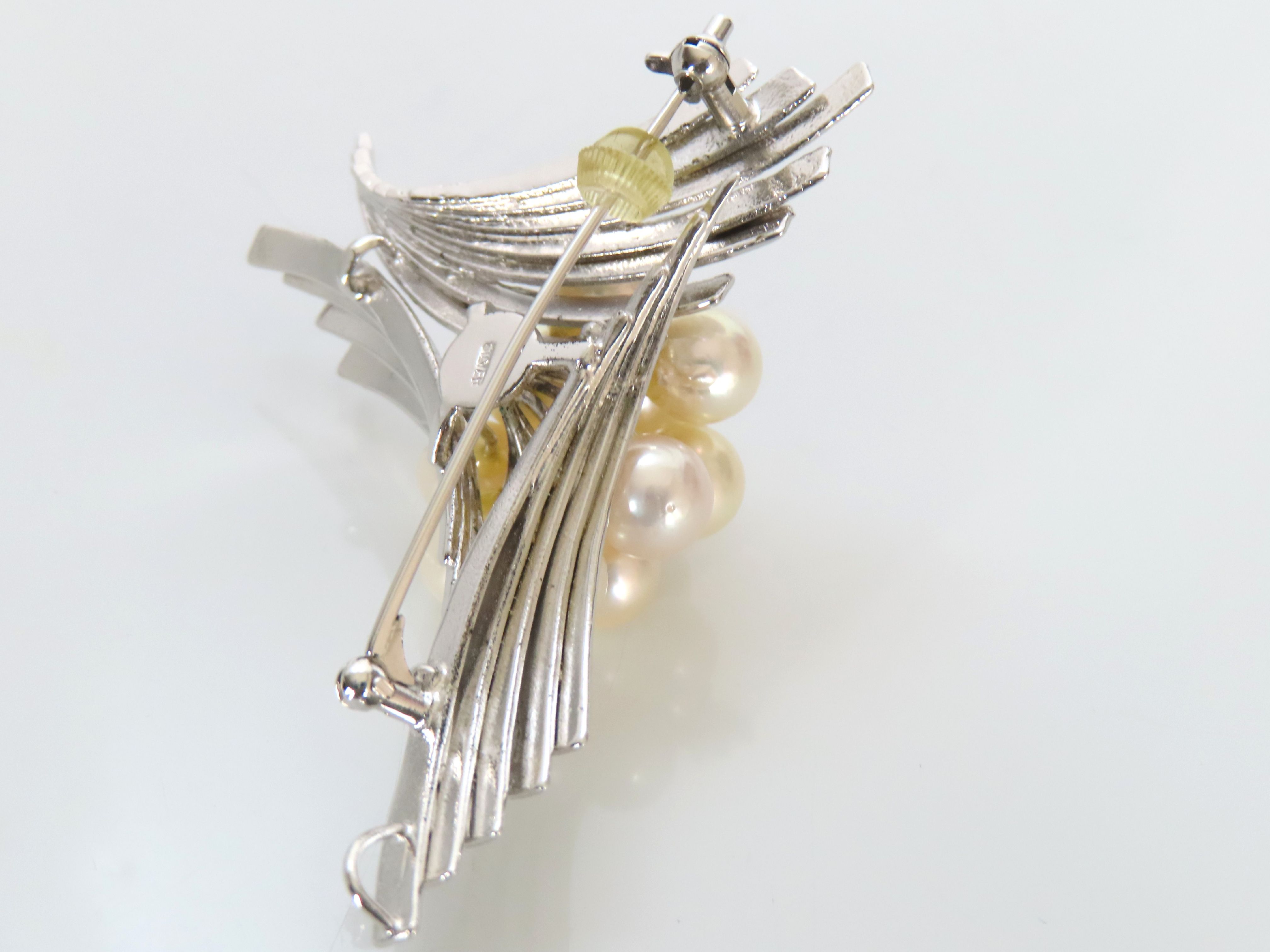 Japanese Mid-Century Cultured Pearl and Silver Spray Brooch