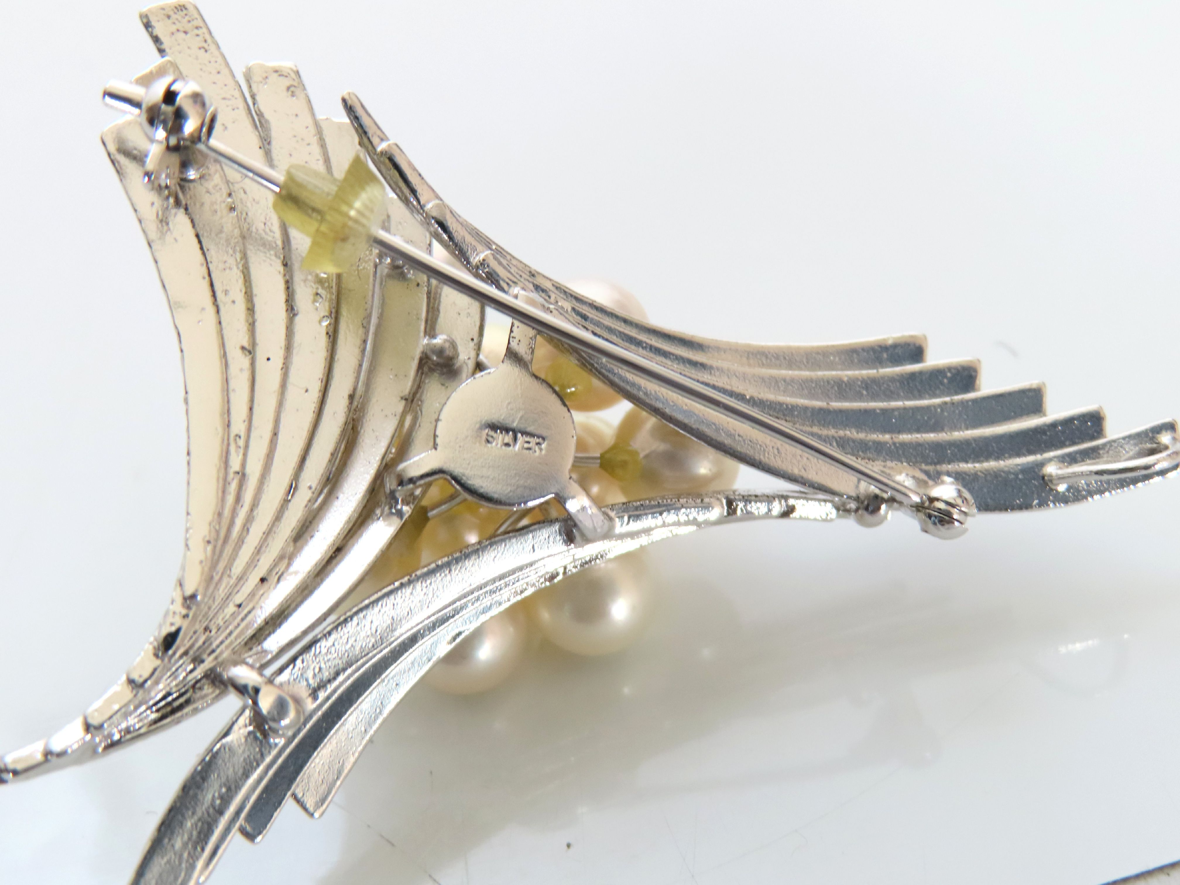 Japanese Mid-Century Cultured Pearl and Silver Spray Brooch