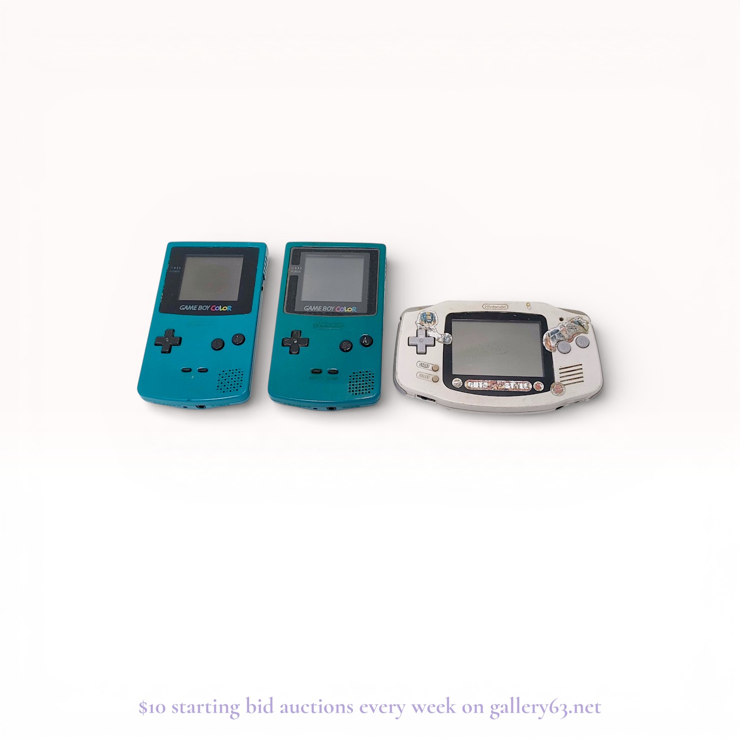 Three Nintendo Handheld Consoles, Two Game Boy Color Teal CGB-001 and One Game Boy Advance Glacier AGB-001
