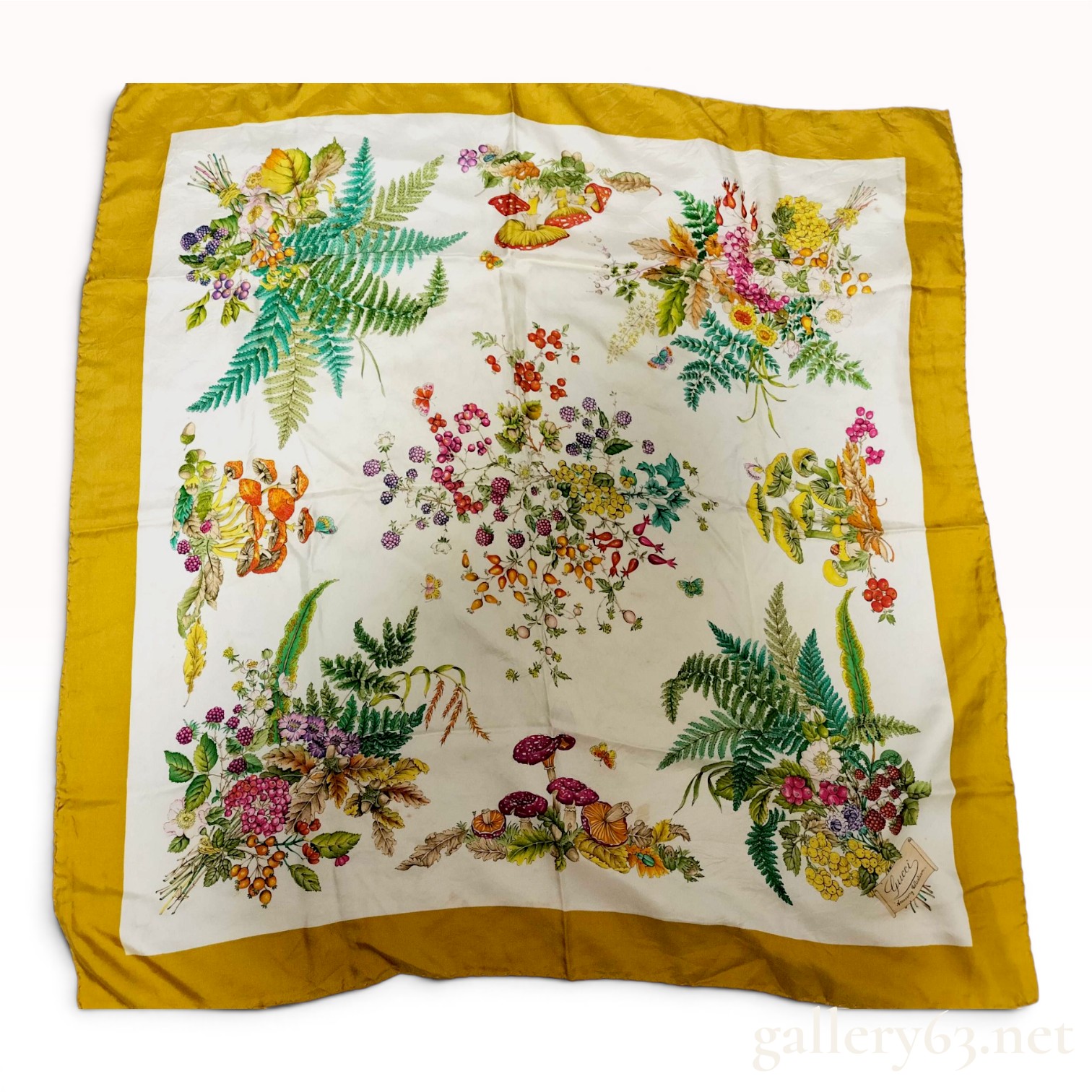 Gucci Accessory Collection Flora Motif Silk Scarf with Mustard Yellow Border