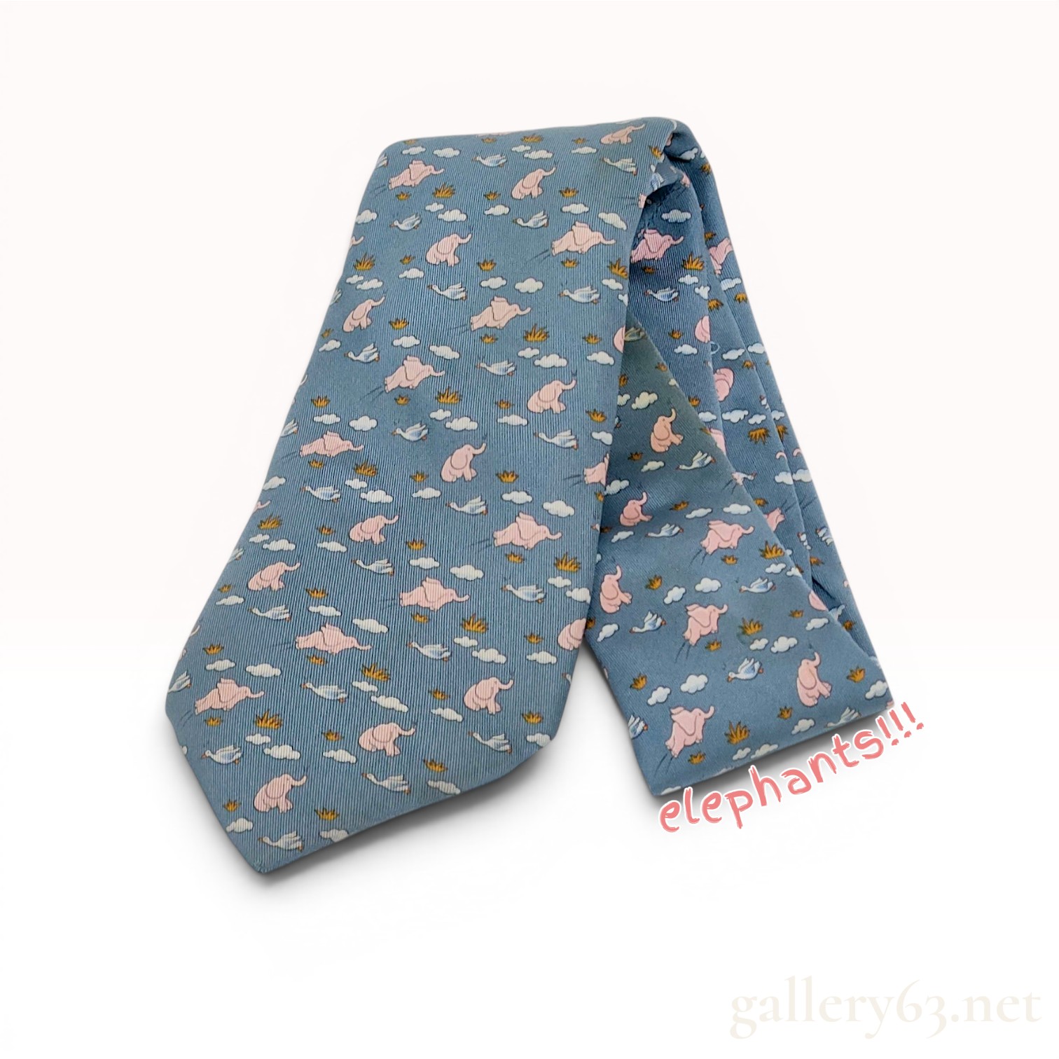Hermes Blue Silk Flying Elephant Print Necktie