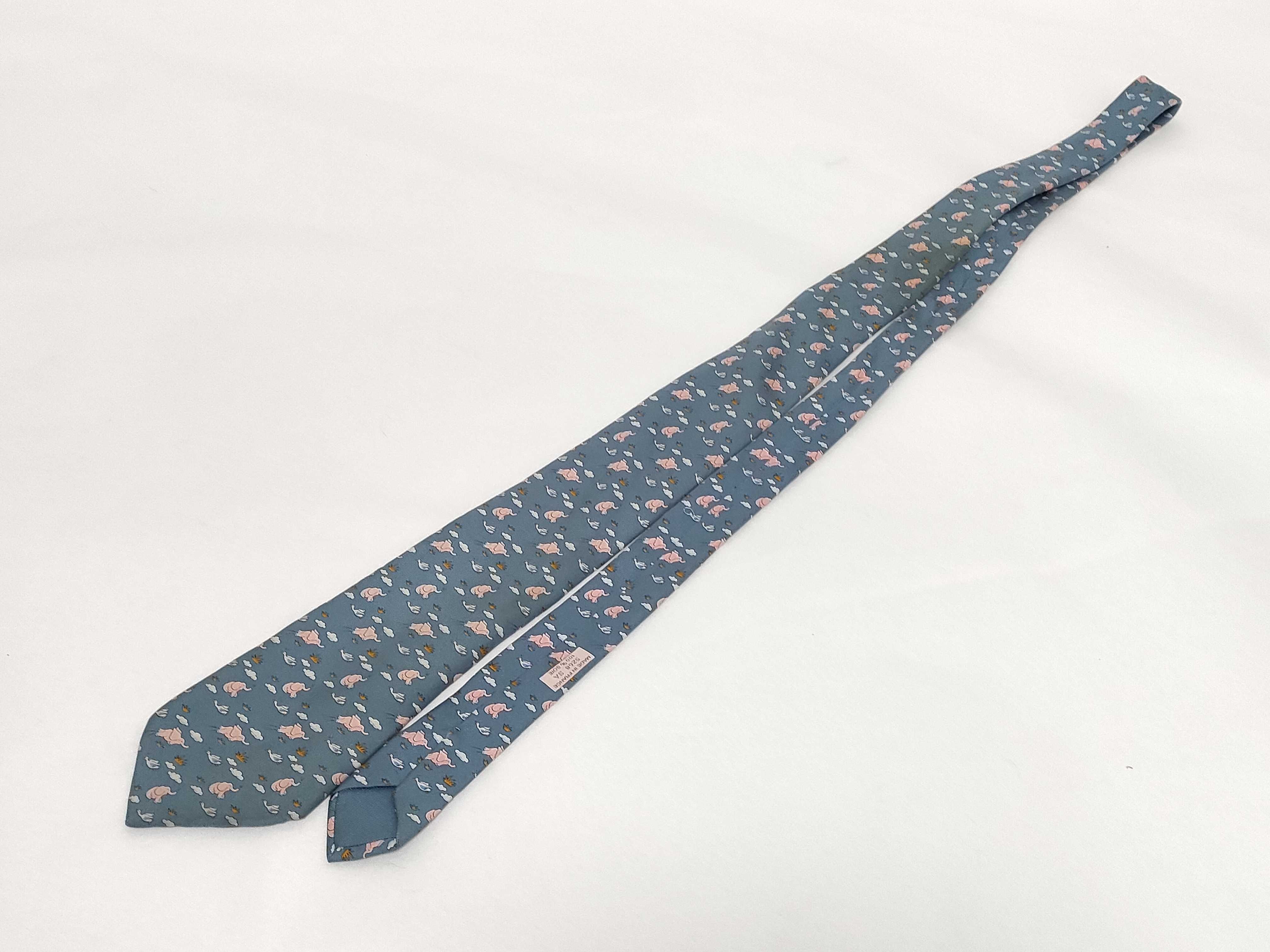 Hermes Blue Silk Flying Elephant Print Necktie