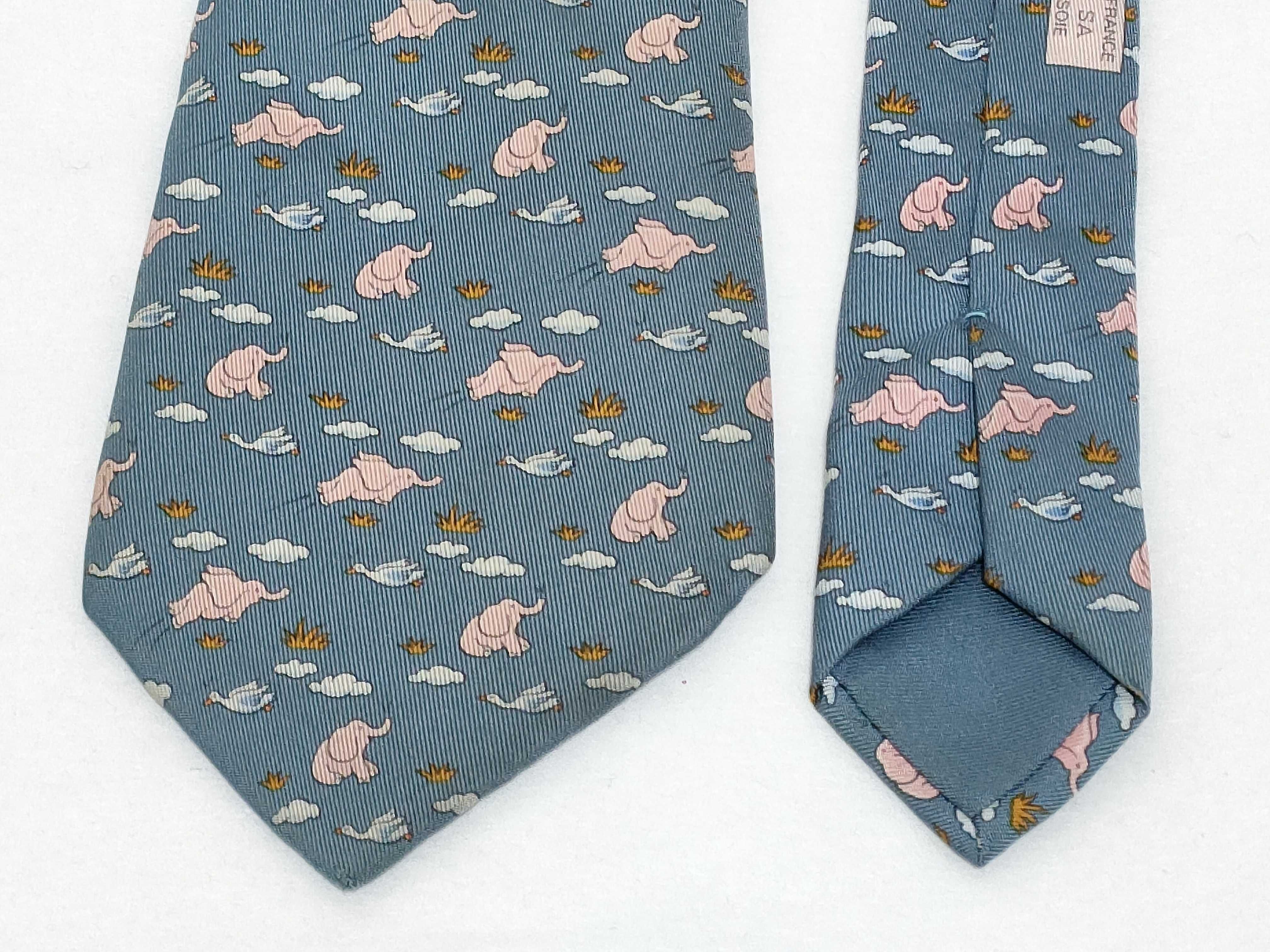 Hermes Blue Silk Flying Elephant Print Necktie
