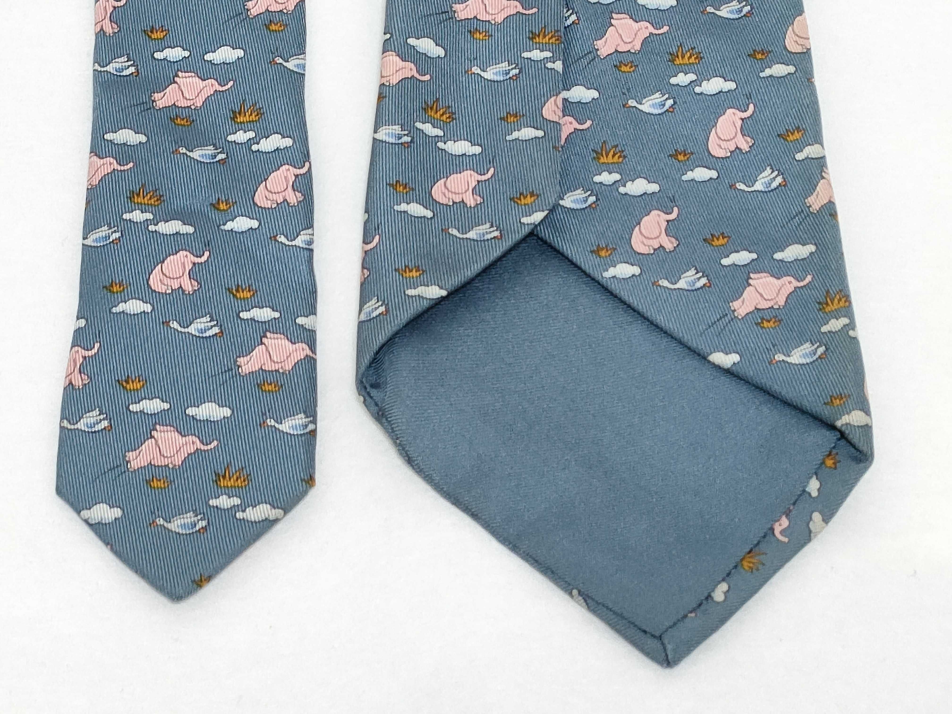 Hermes Blue Silk Flying Elephant Print Necktie