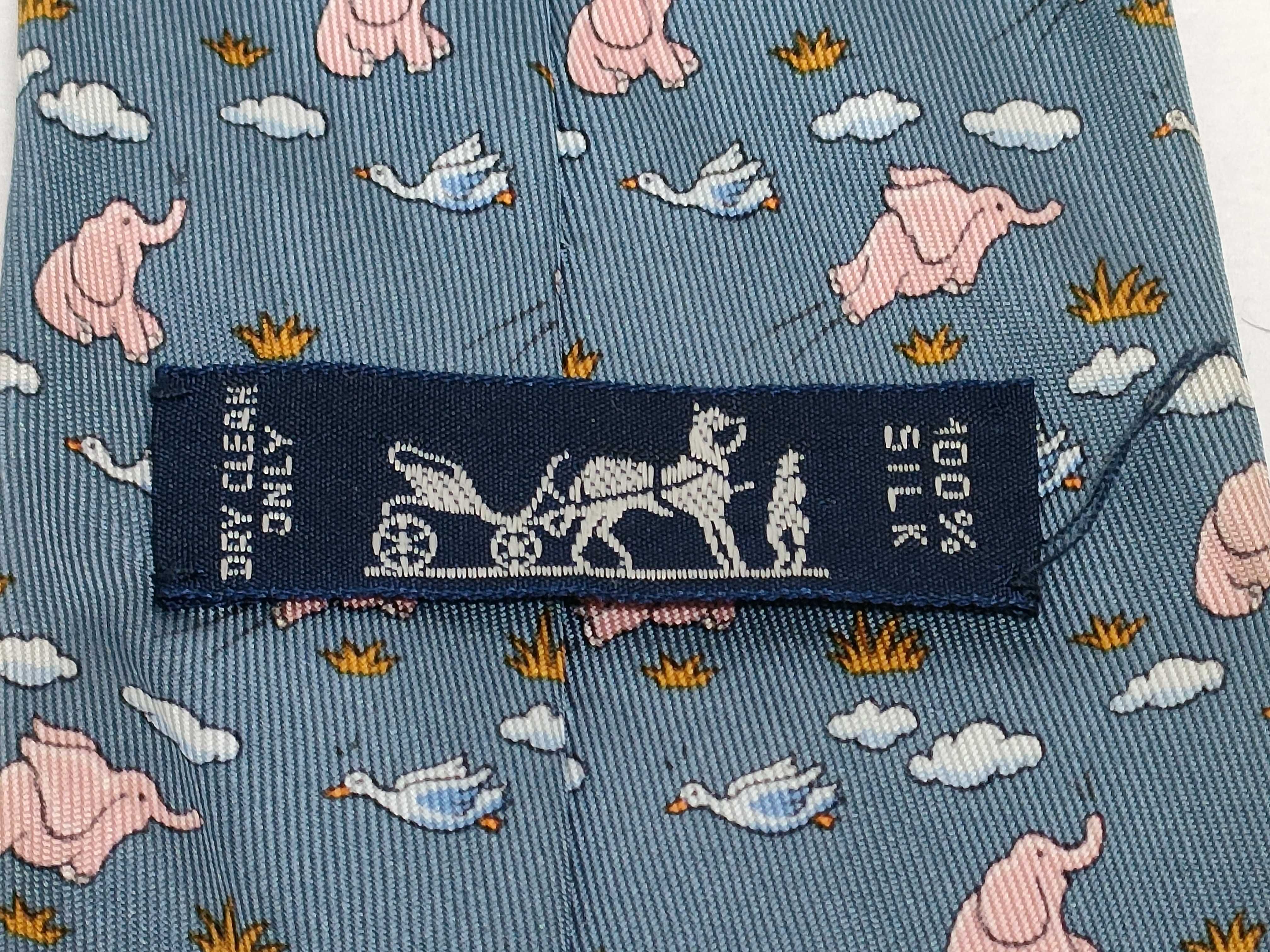 Hermes Blue Silk Flying Elephant Print Necktie