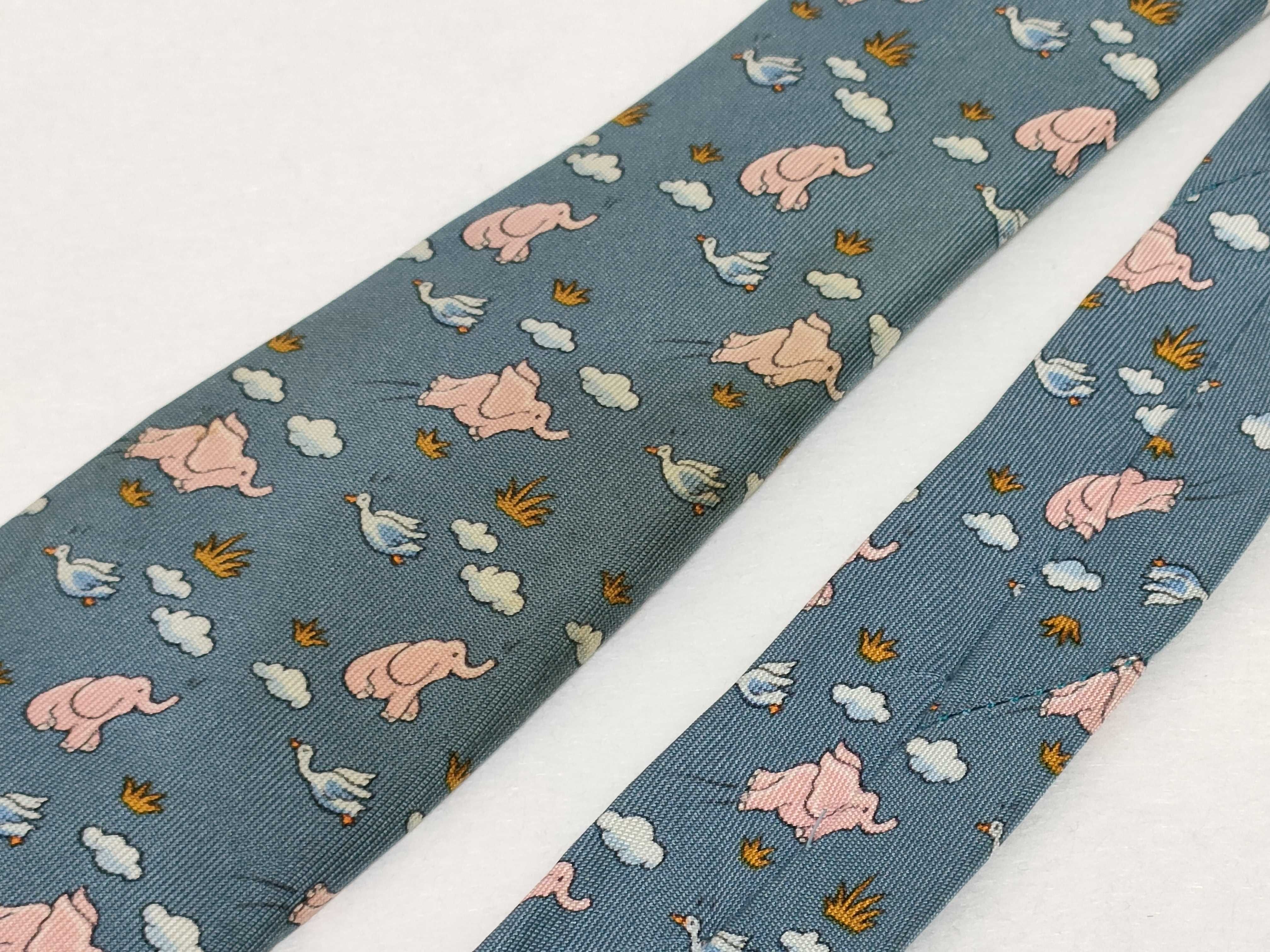 Hermes Blue Silk Flying Elephant Print Necktie