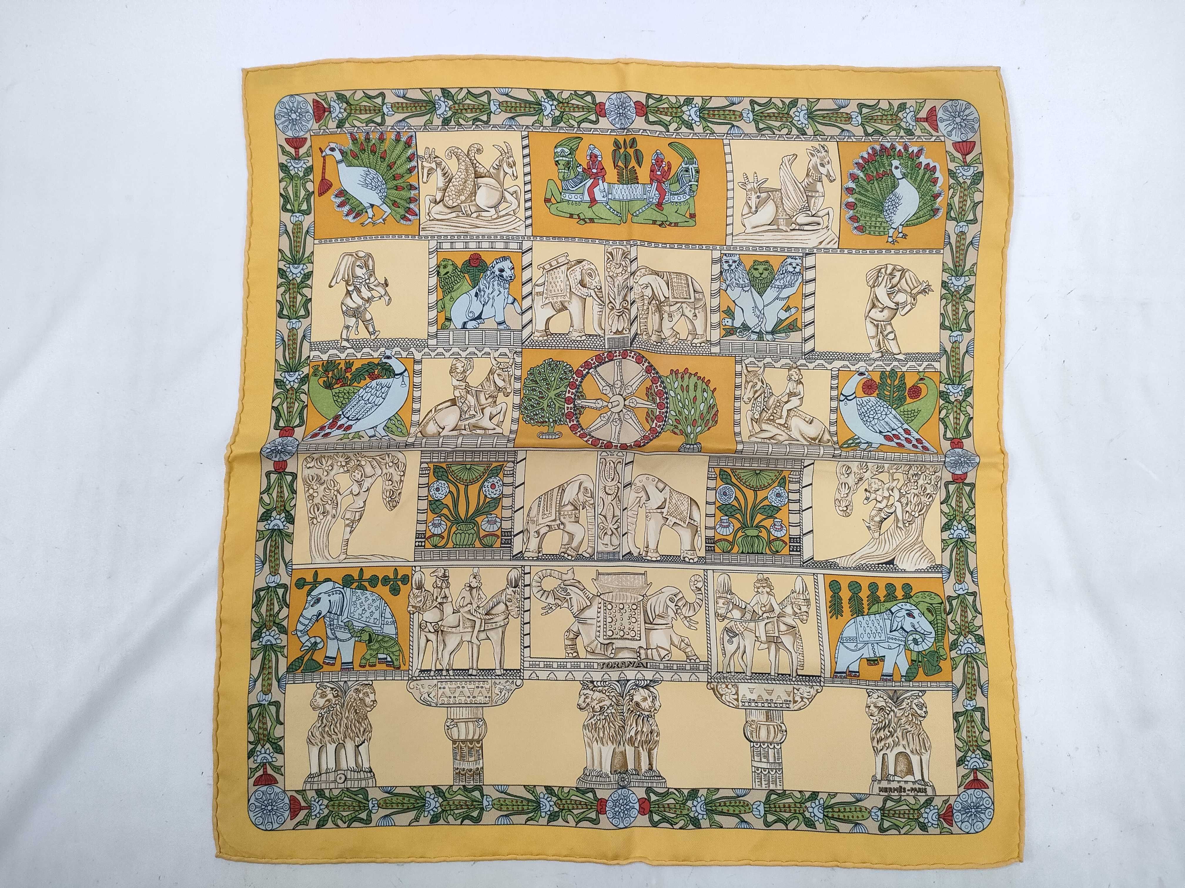 Two Hermes Silk Pocket Squares Including Torana Pattern