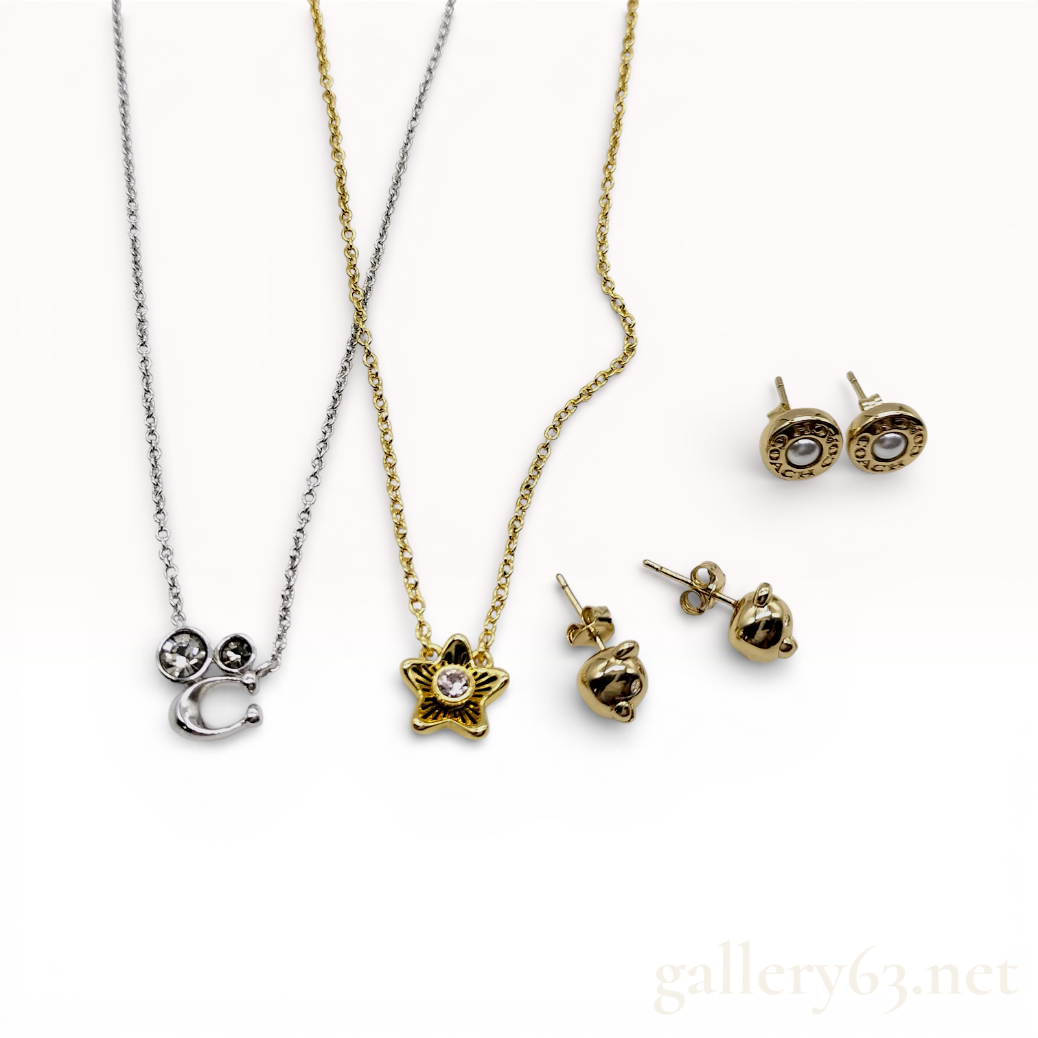 Silver and Gold-Tone Coach Jewelry Collection, Pendant Necklaces and Stud Earrings, Logo and Character Motifs