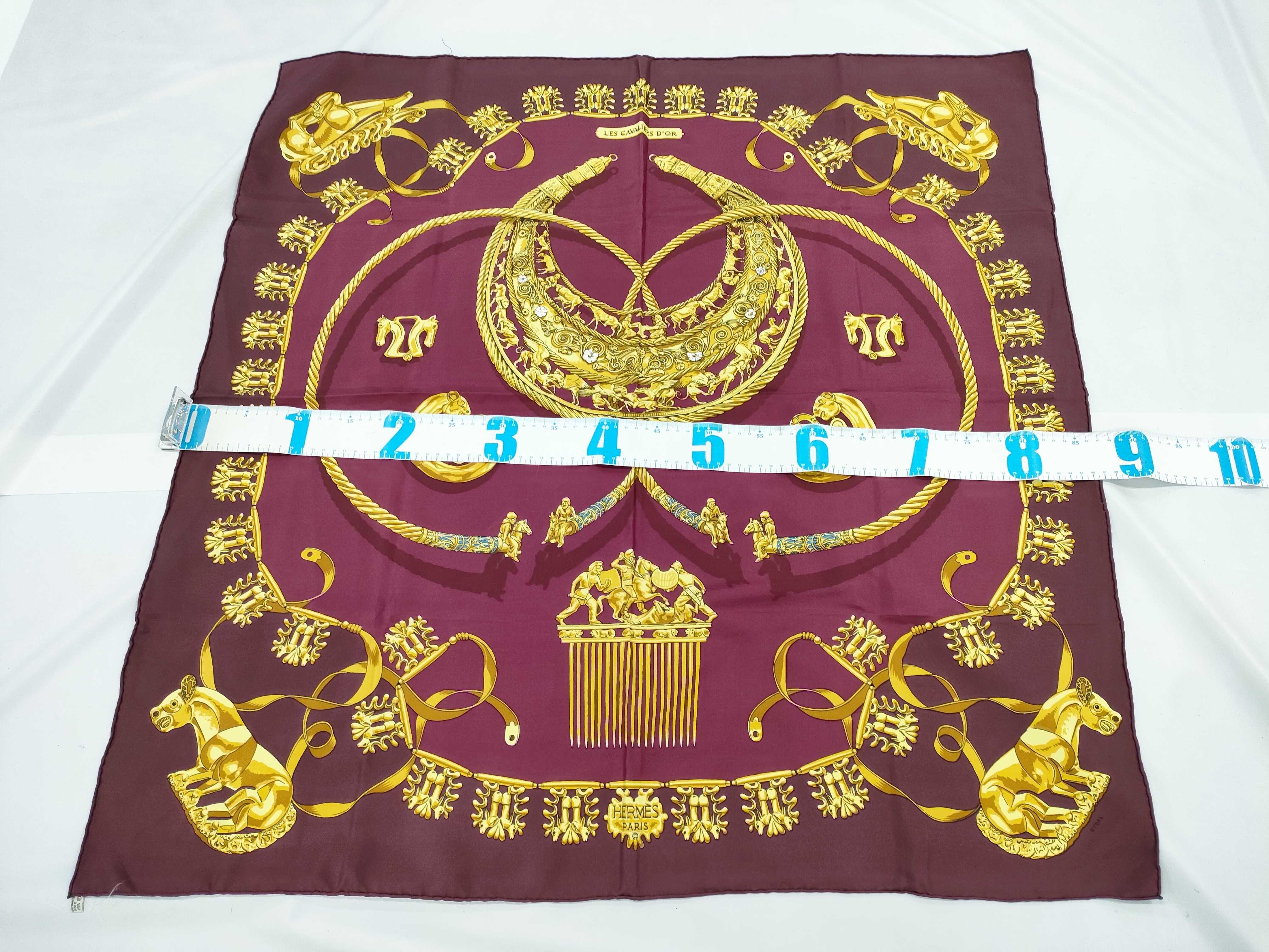 Hermes Les Cavaliers d'Or Silk Carre 90 Scarf in Burgundy