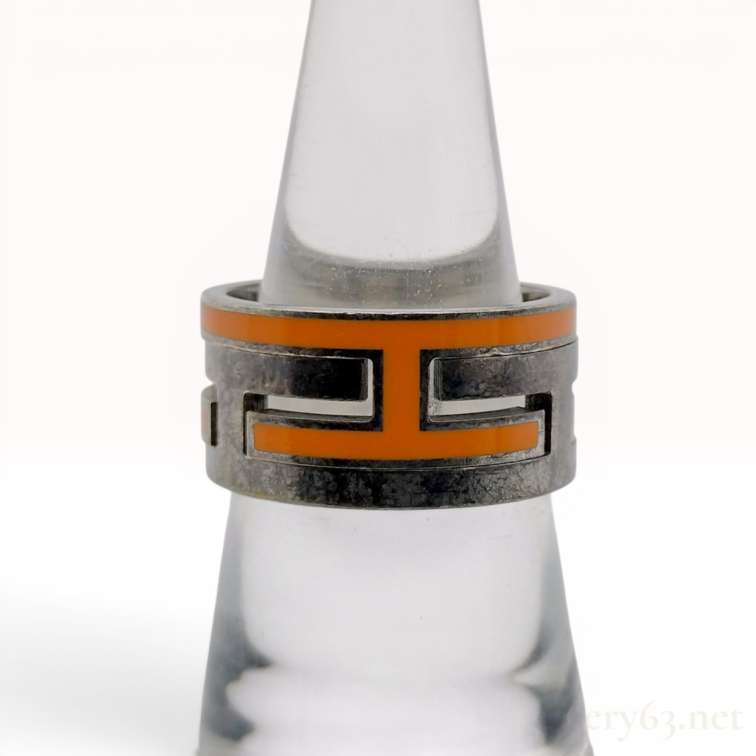 Hermes Sterling Silver and Orange Enamel Move H Ring with Box