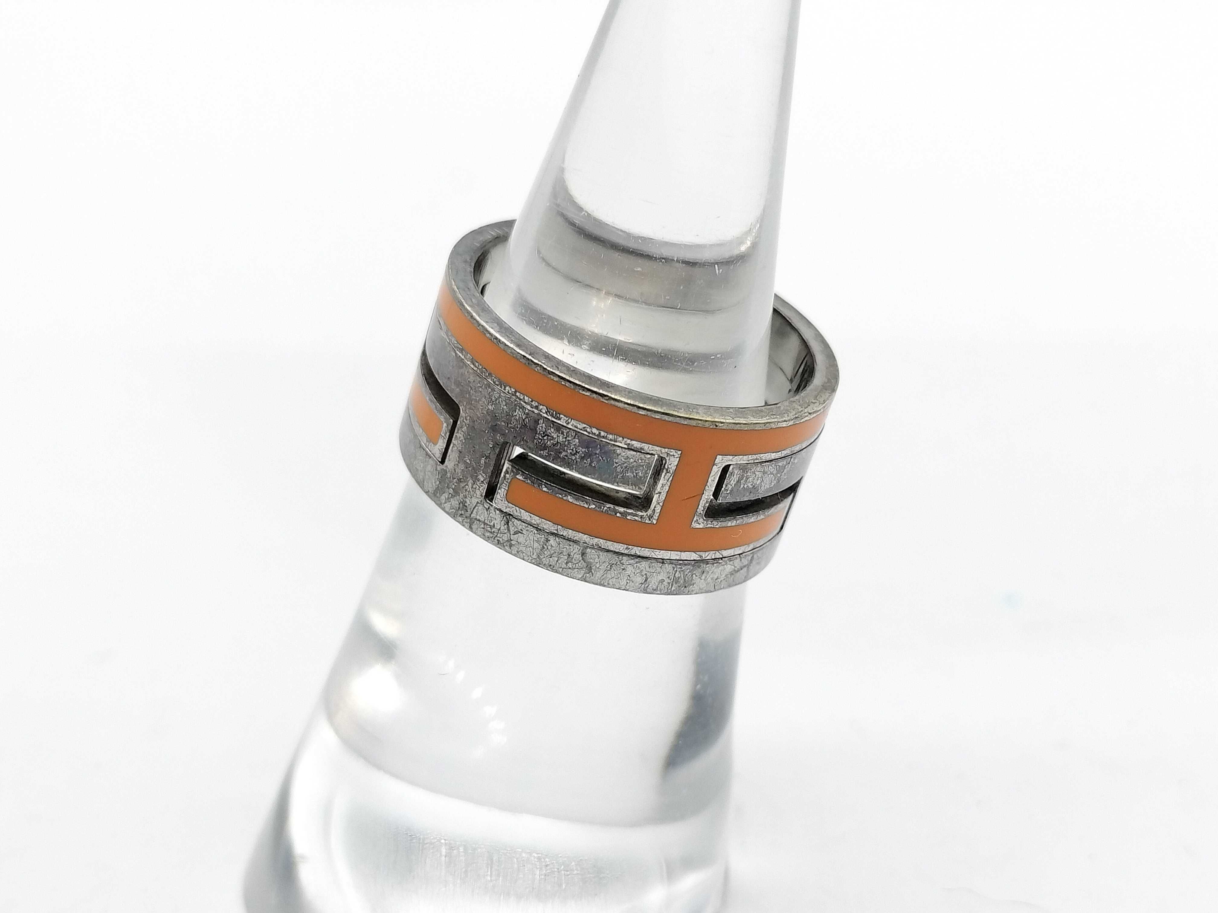 Hermes Sterling Silver and Orange Enamel Move H Ring with Box