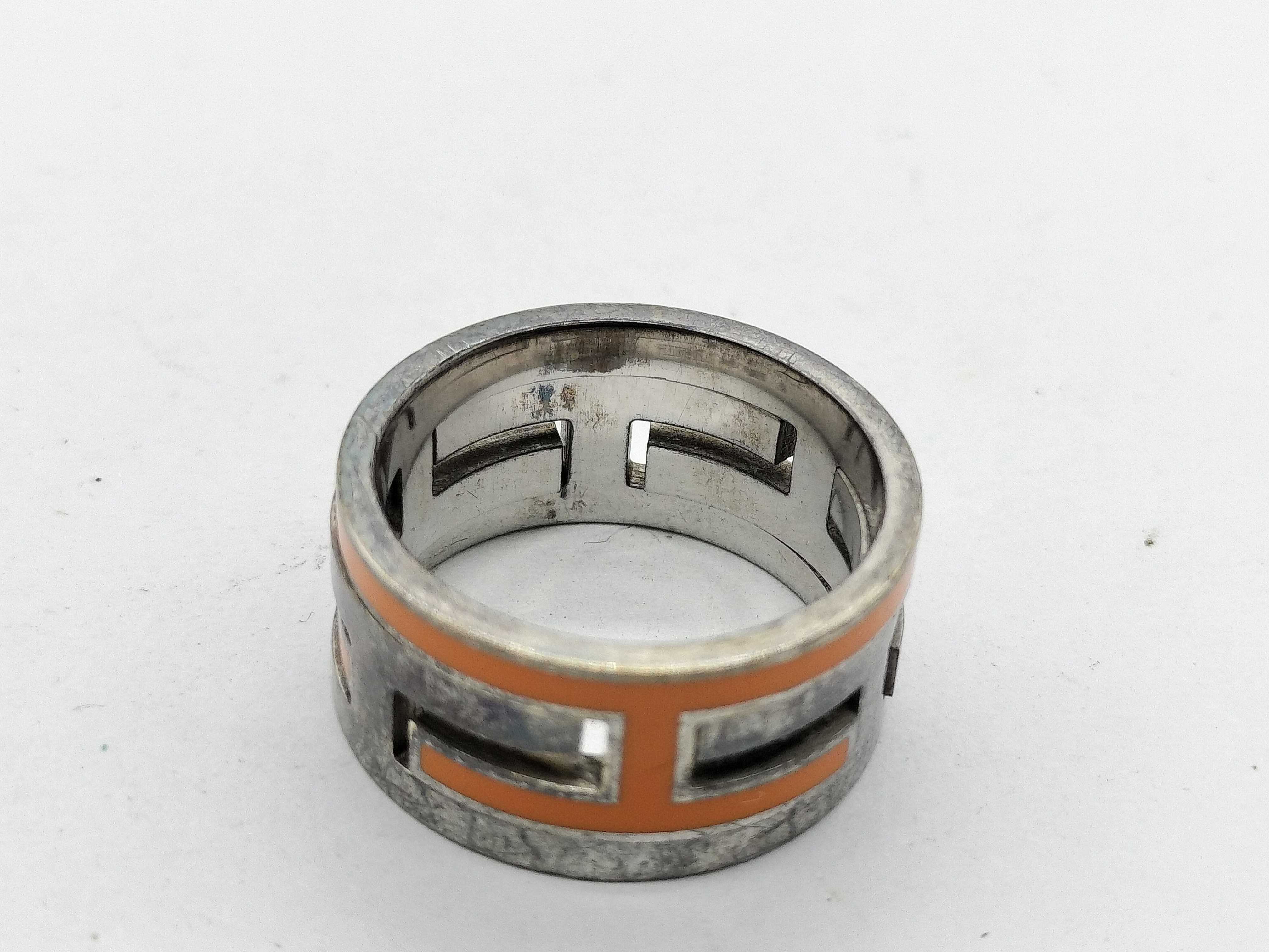 Hermes Sterling Silver and Orange Enamel Move H Ring with Box