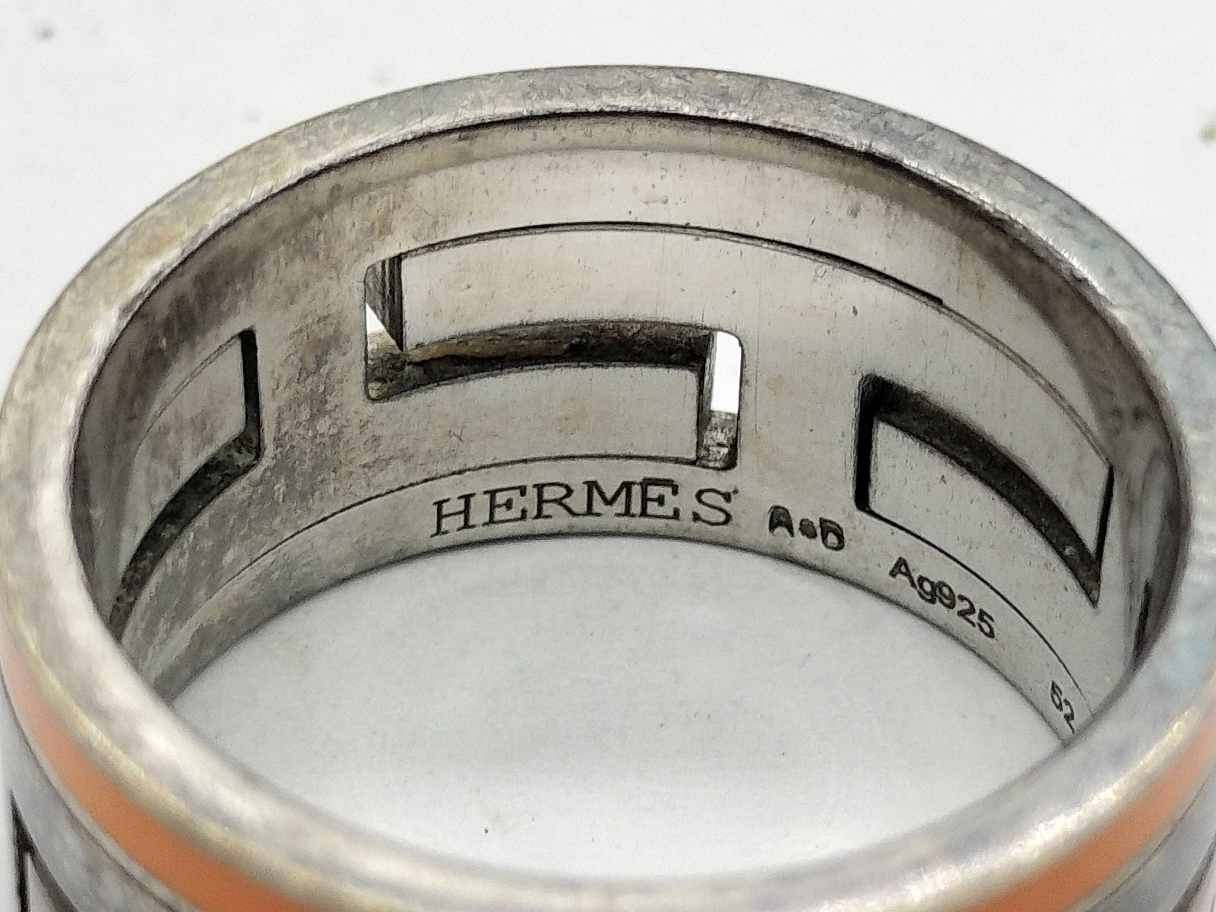 Hermes Sterling Silver and Orange Enamel Move H Ring with Box