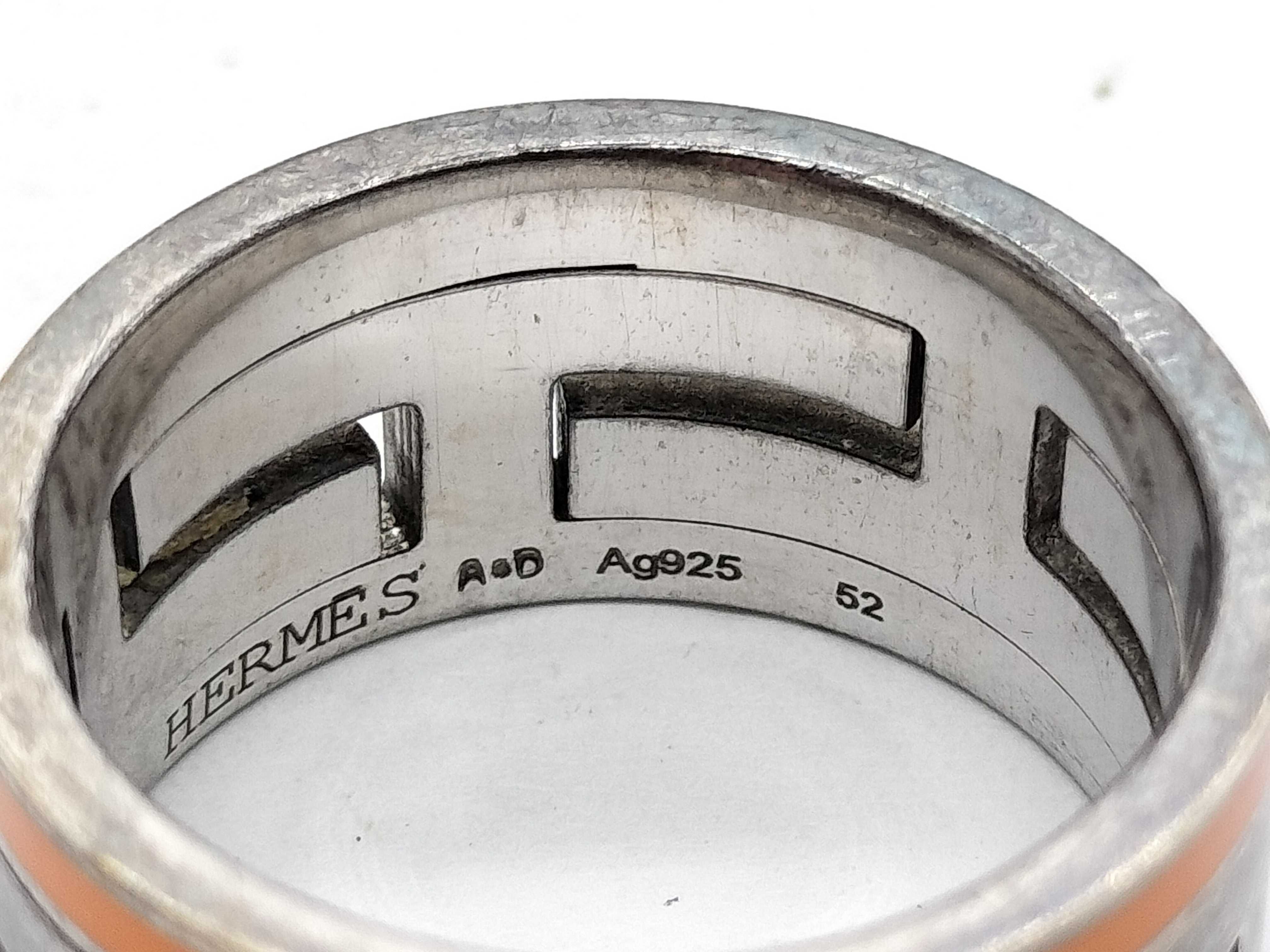 Hermes Sterling Silver and Orange Enamel Move H Ring with Box