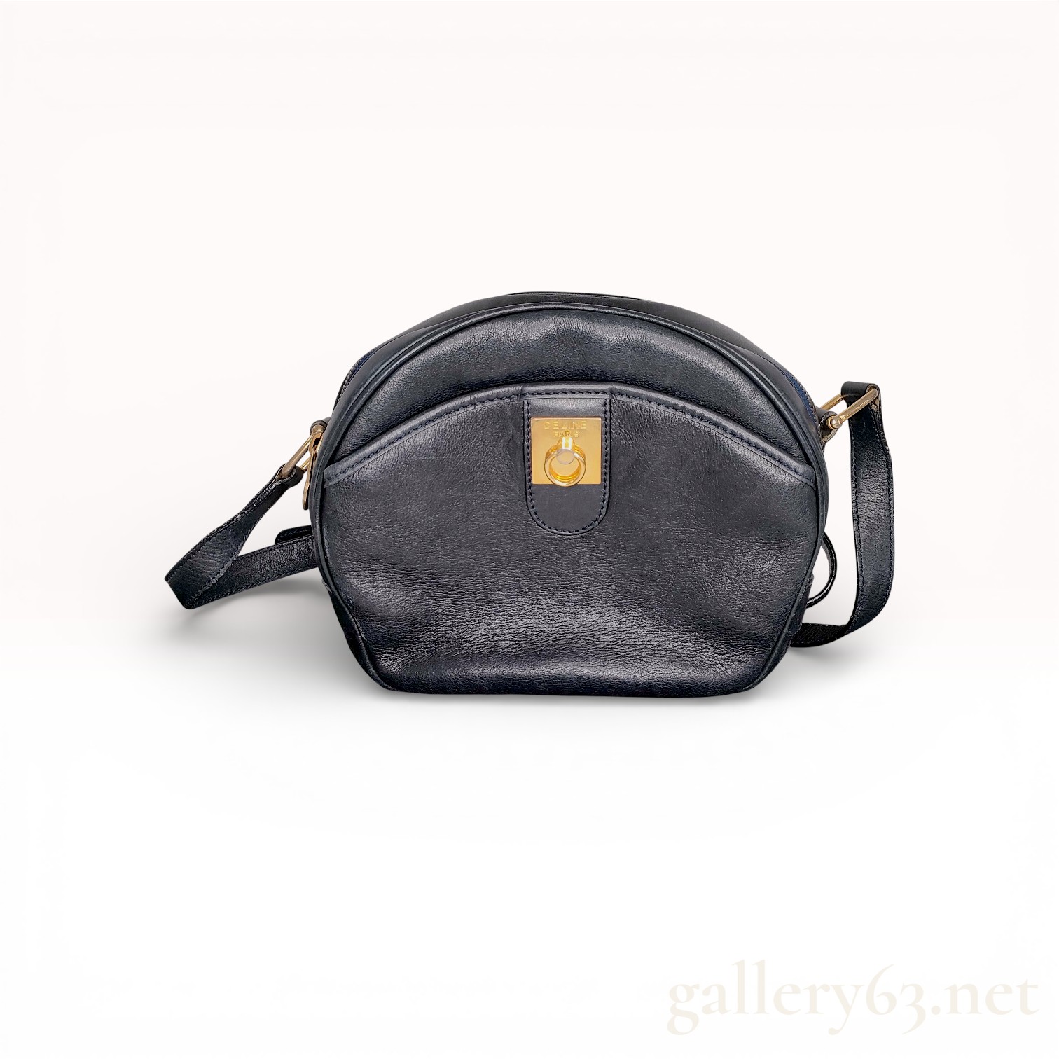Celine Vintage Ring-Clasp Front Pocket Crossbody Bag Black Leather