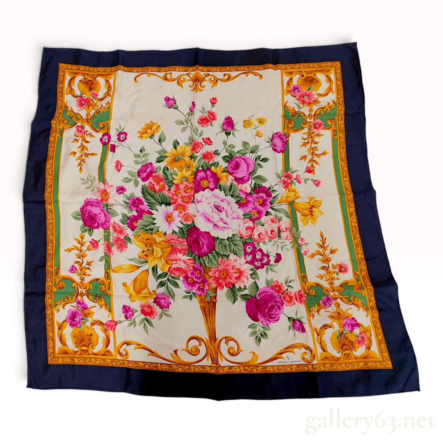 Valentino Garavani Floral and Baroque Motif Silk Scarf with Navy Border