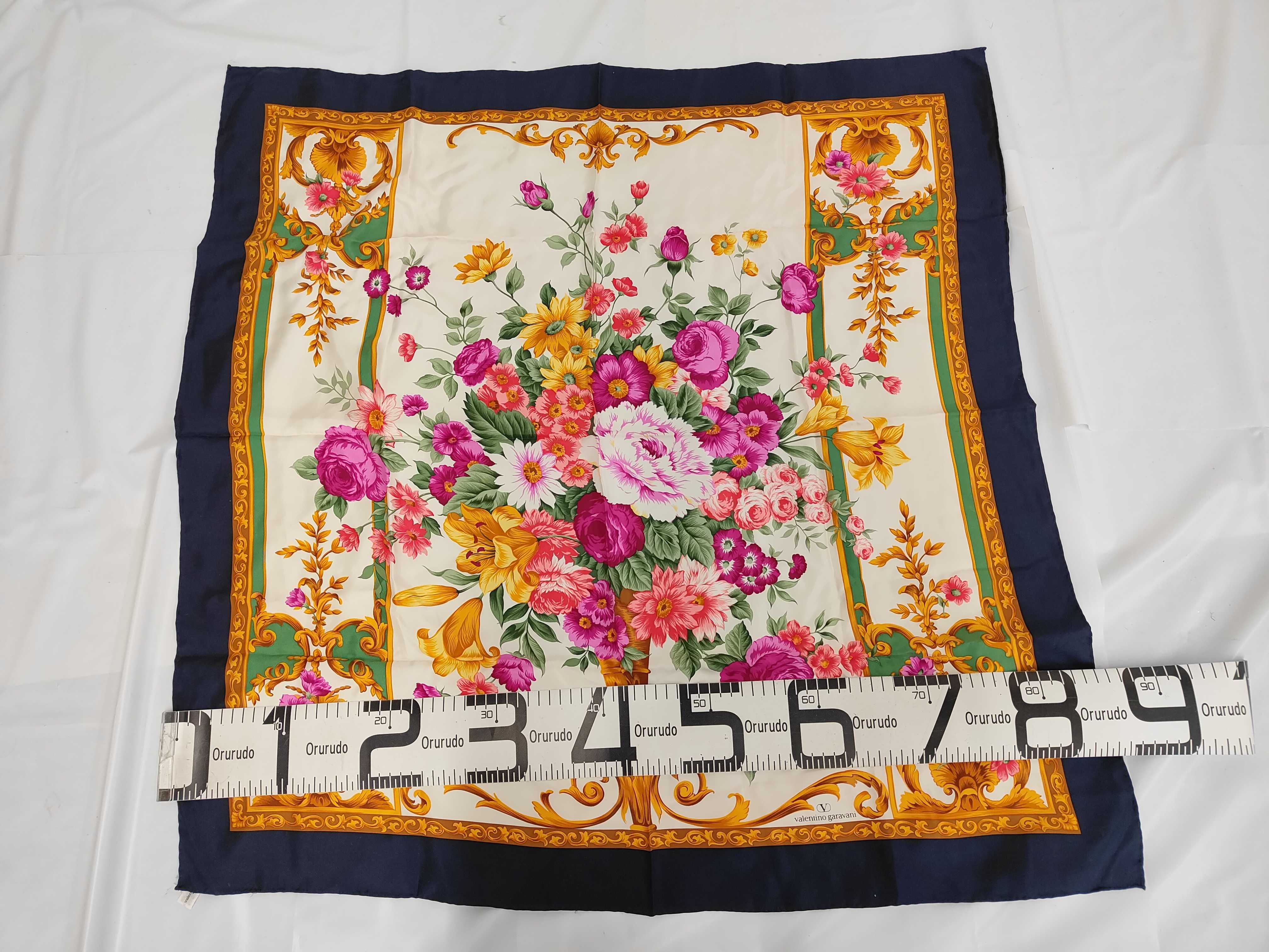 Valentino Garavani Floral and Baroque Motif Silk Scarf with Navy Border