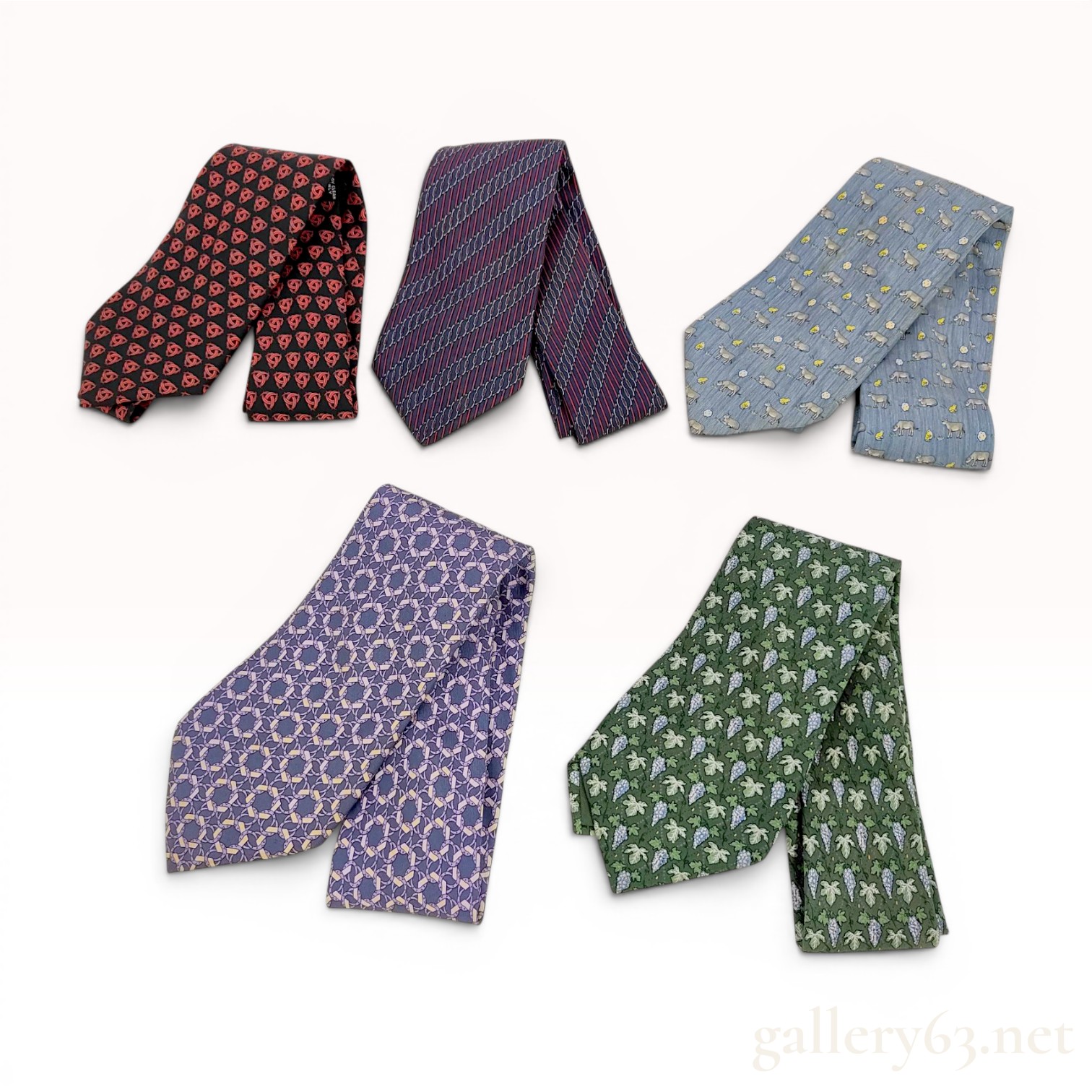 Lot of Five Hermes Silk Neckties