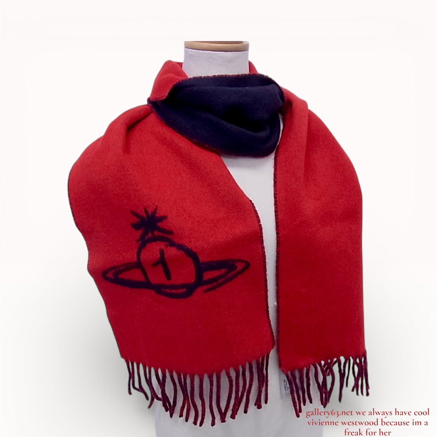 Vivienne Westwood Red and Navy Double Face Single Orb Wool Scarf