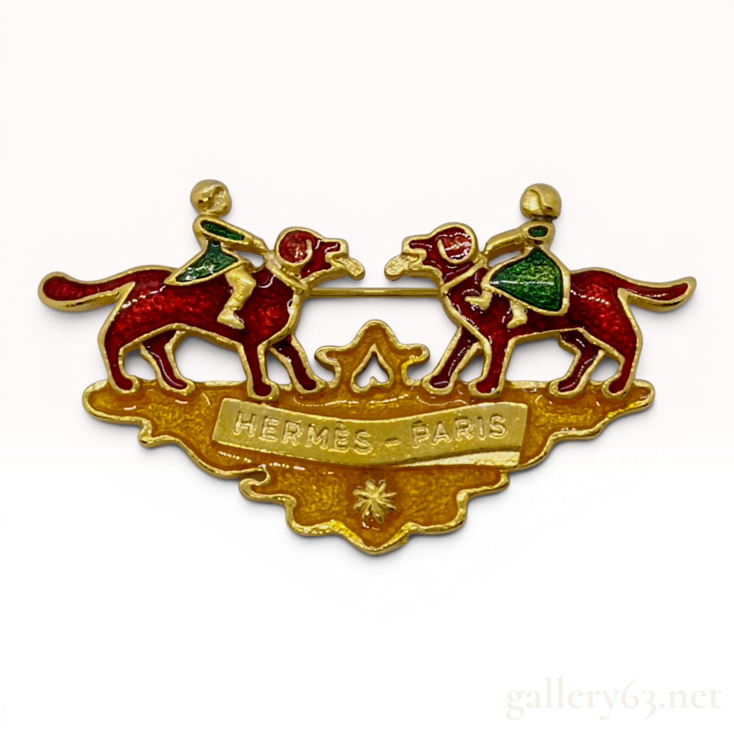Hermes Vintage Multicolor Enamel and Gold-Tone Dog Motif Brooch