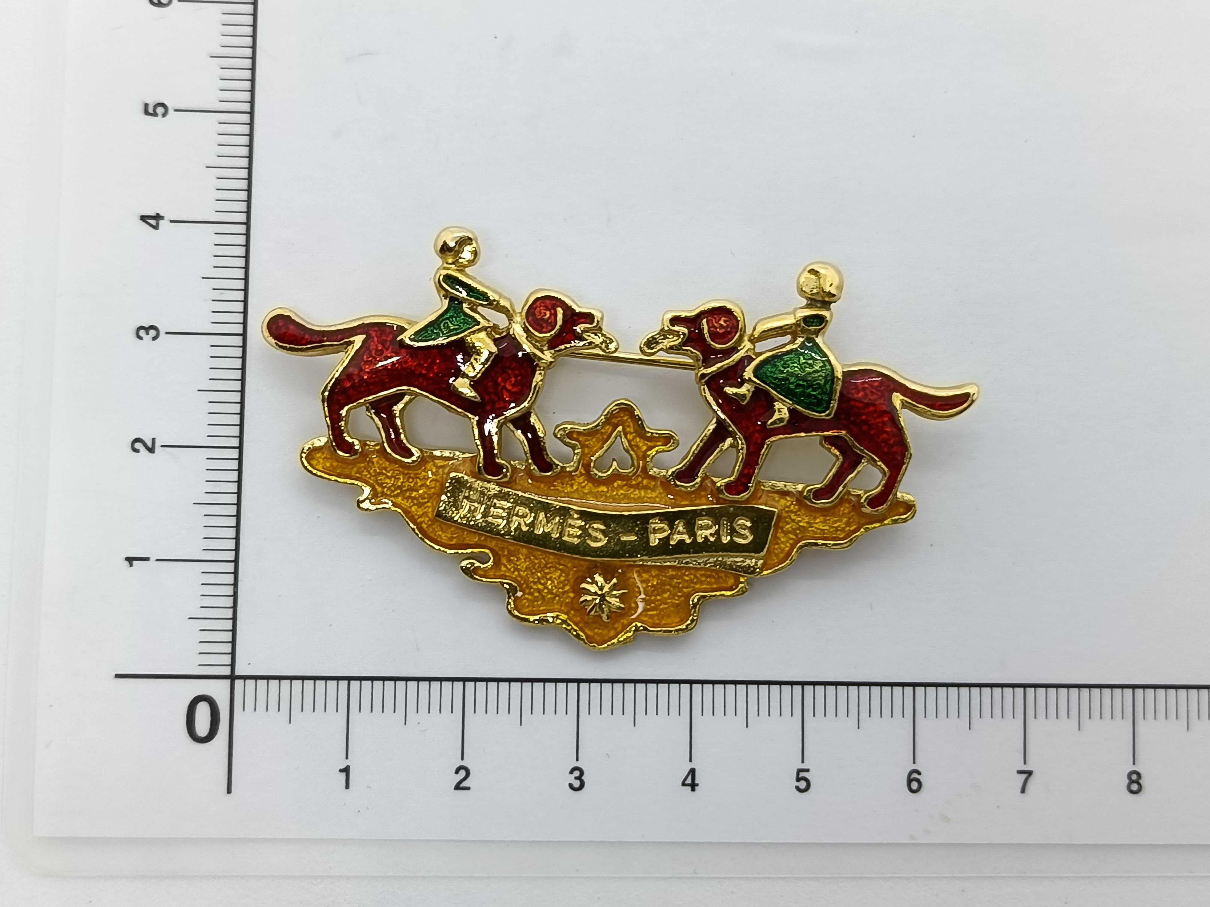 Hermes Vintage Multicolor Enamel and Gold-Tone Dog Motif Brooch
