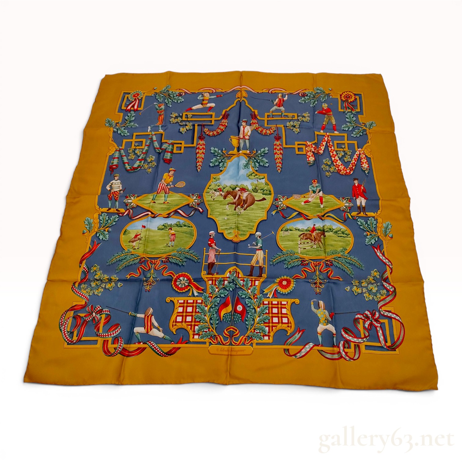 Salvatore Ferragamo Silk Twill Scarf with Sporting and Equestrian Theme