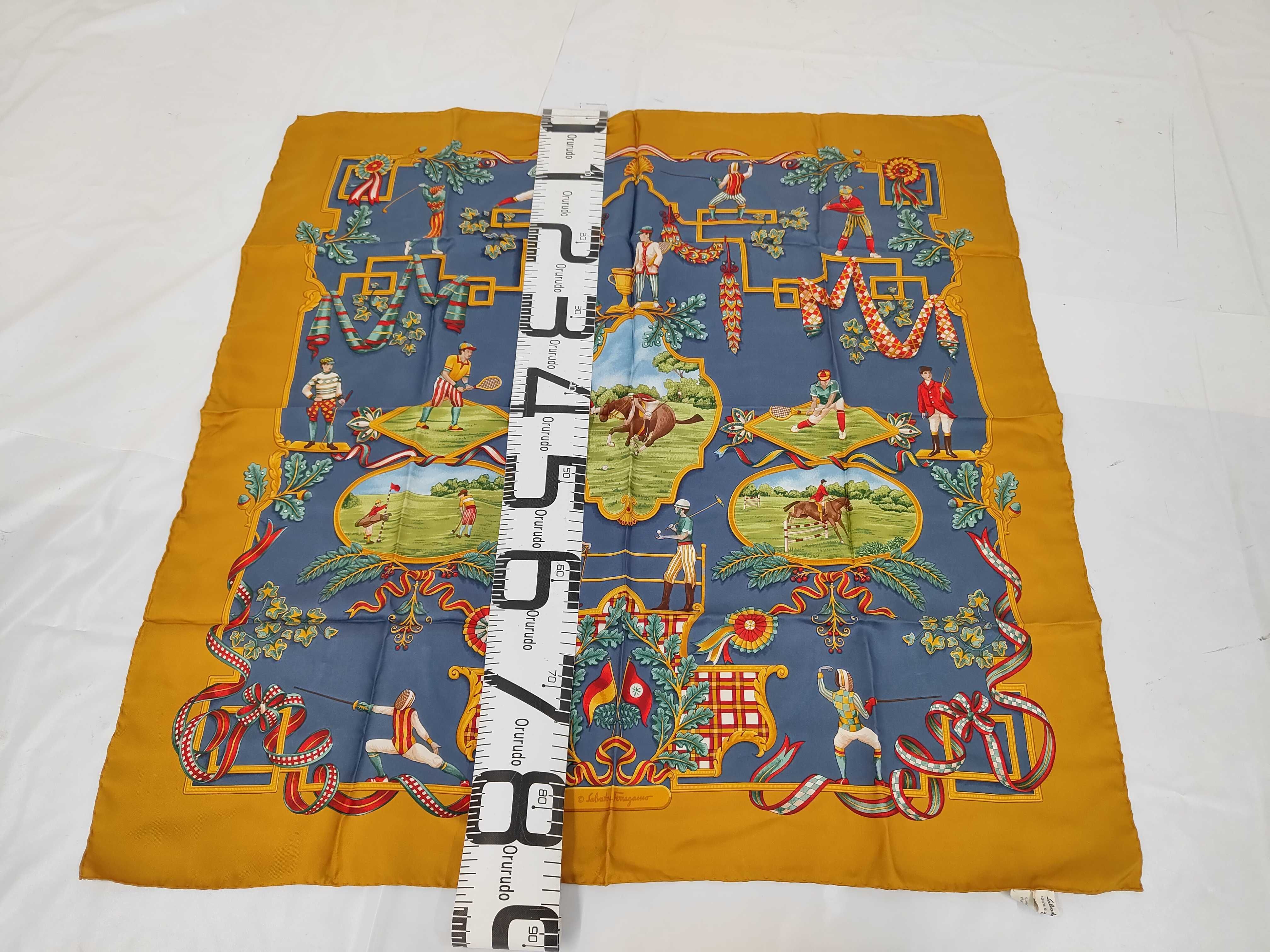Salvatore Ferragamo Silk Twill Scarf with Sporting and Equestrian Theme