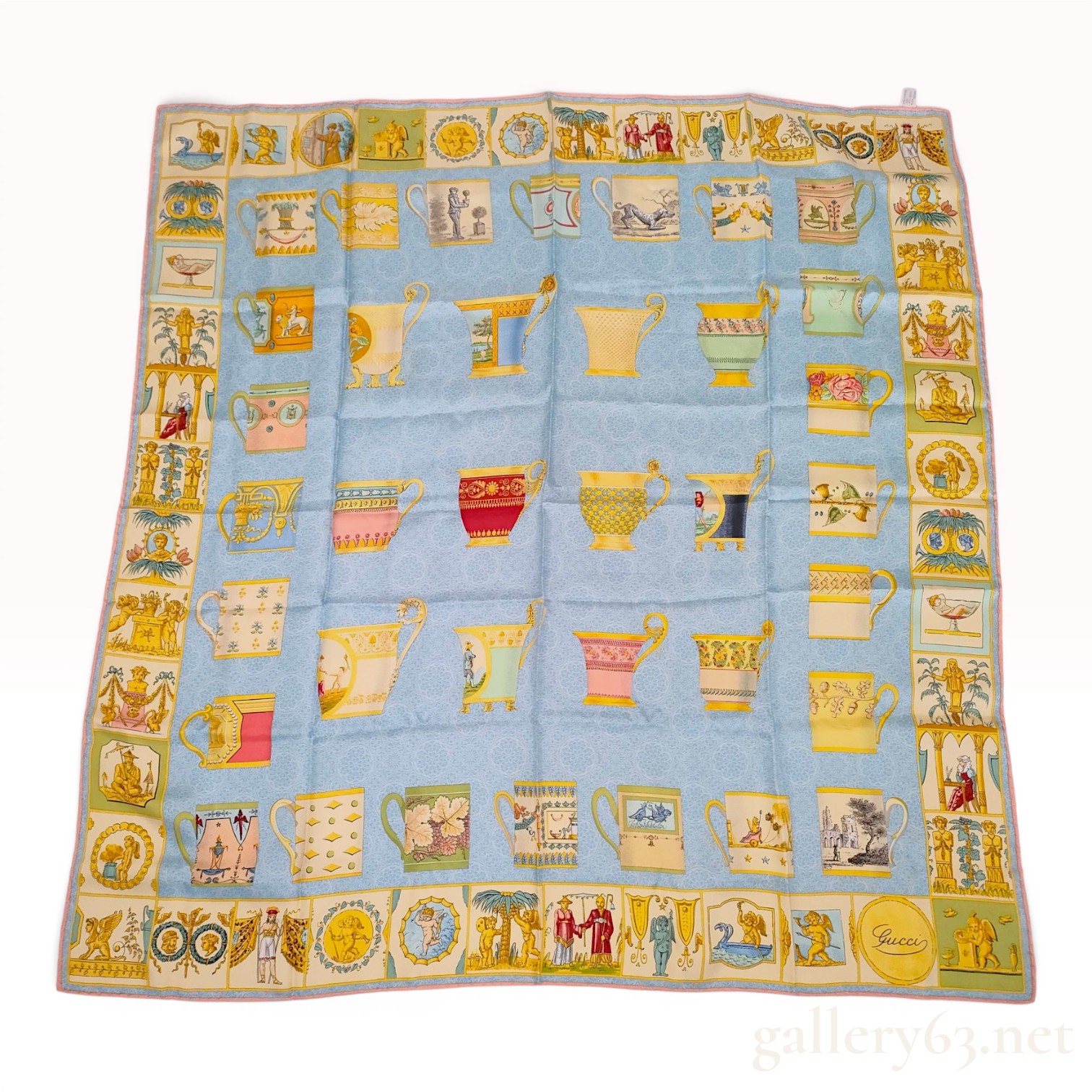 Gucci Silk Scarf with Decorative Vessel and Classical Motif Pattern