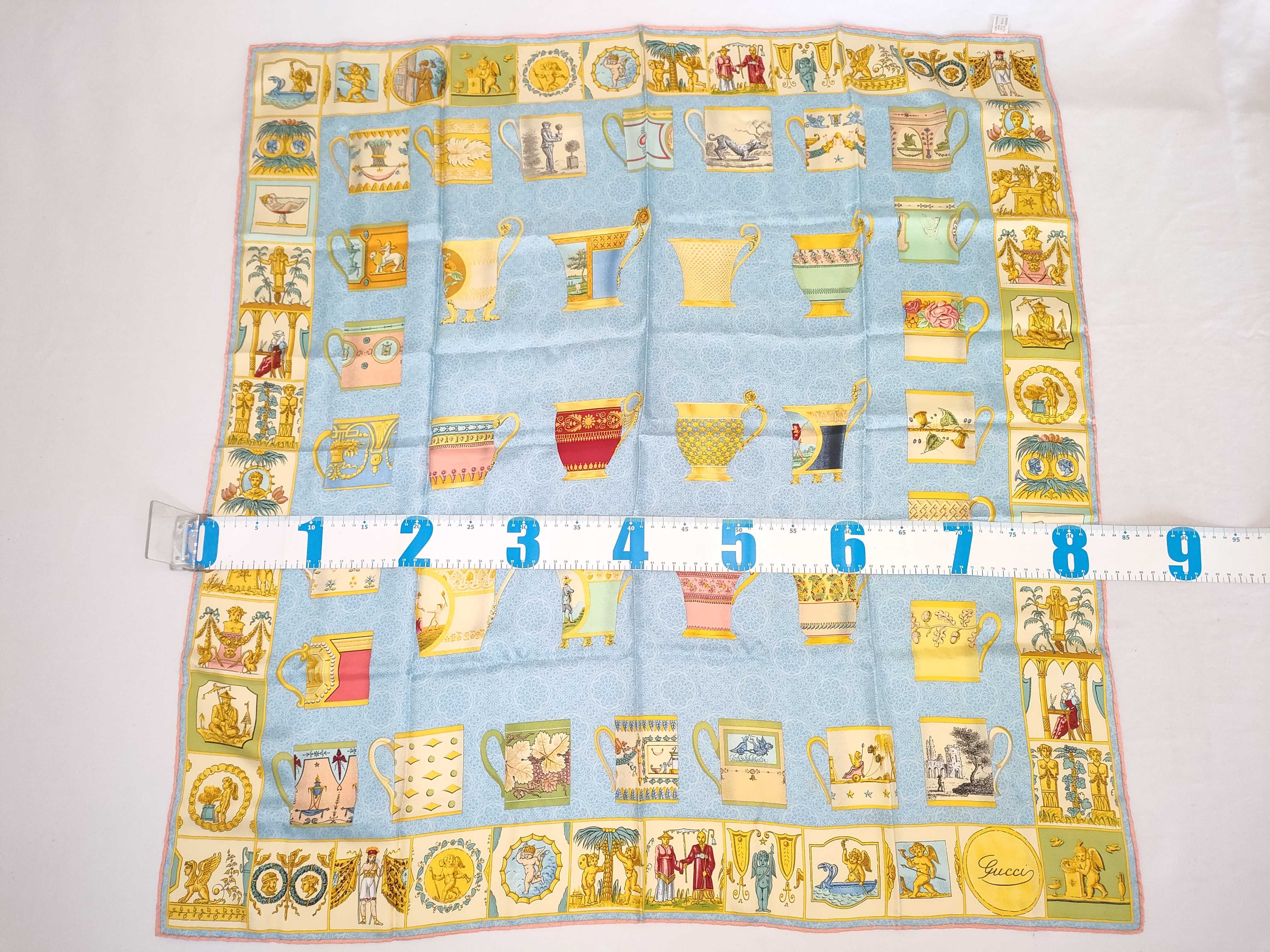 Gucci Silk Scarf with Decorative Vessel and Classical Motif Pattern