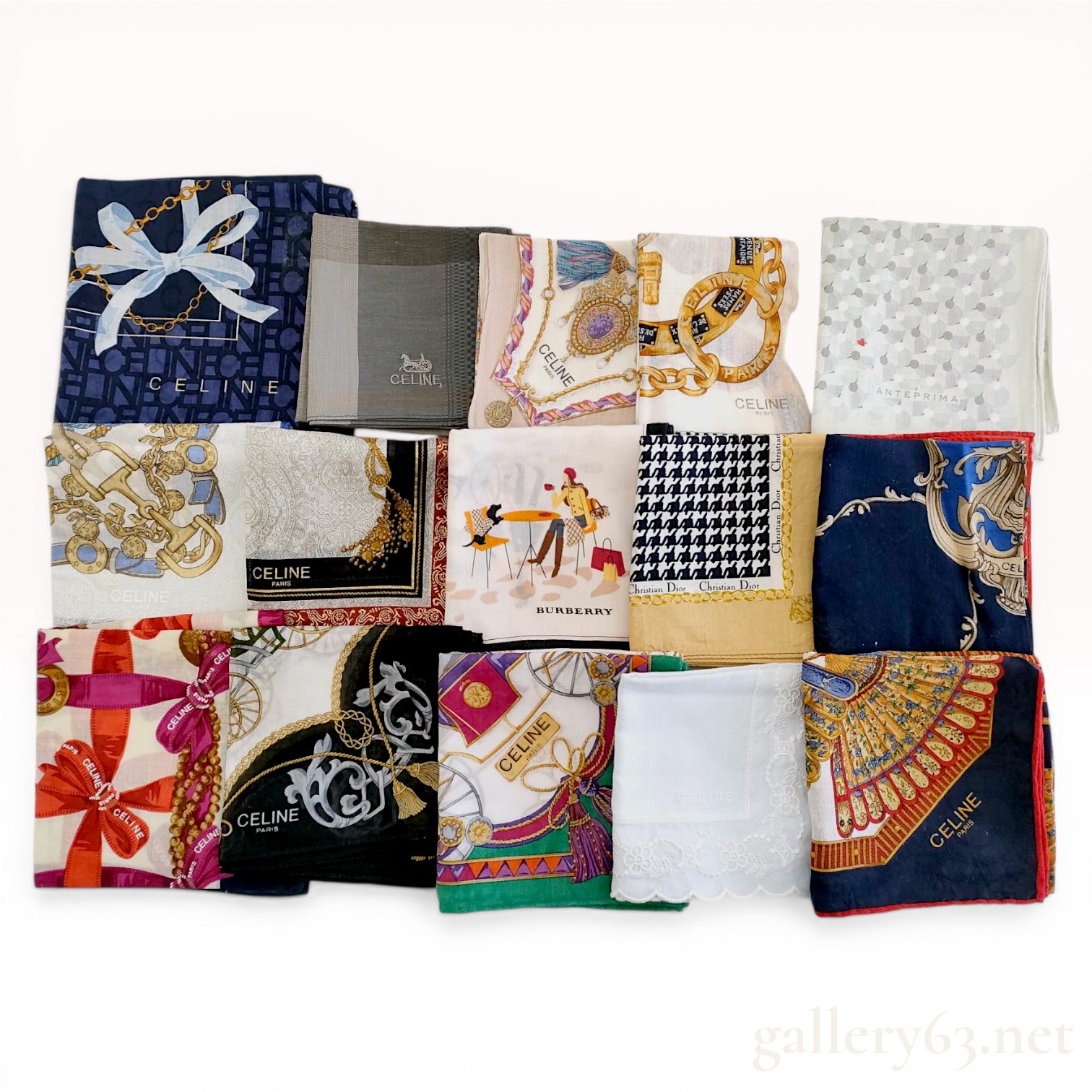 A Lot of 15 Designer Handkerchiefs including Celine, Burberry, and Christian Dior