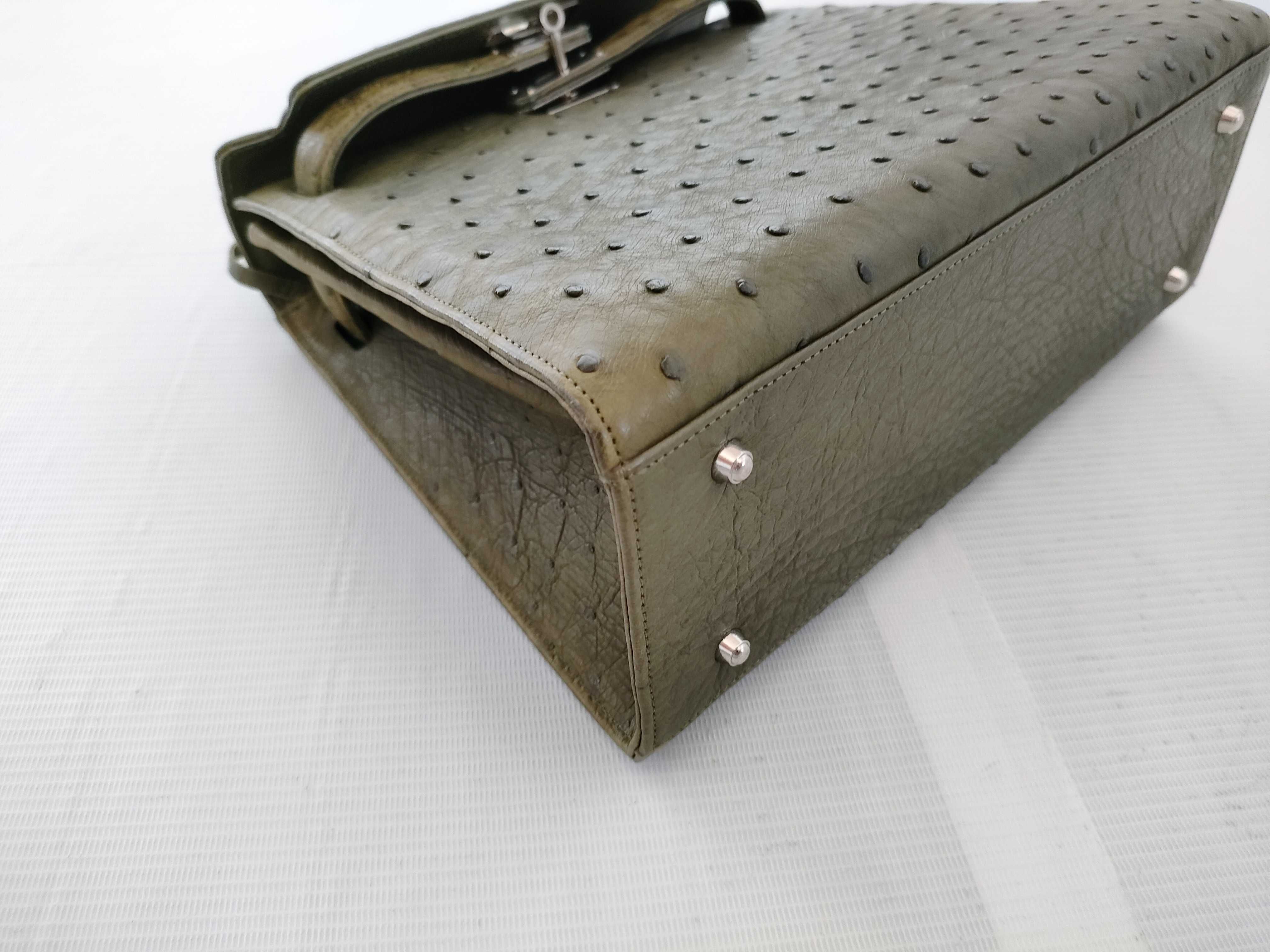 Olive Green Ostrich Leather Top Handle Bag