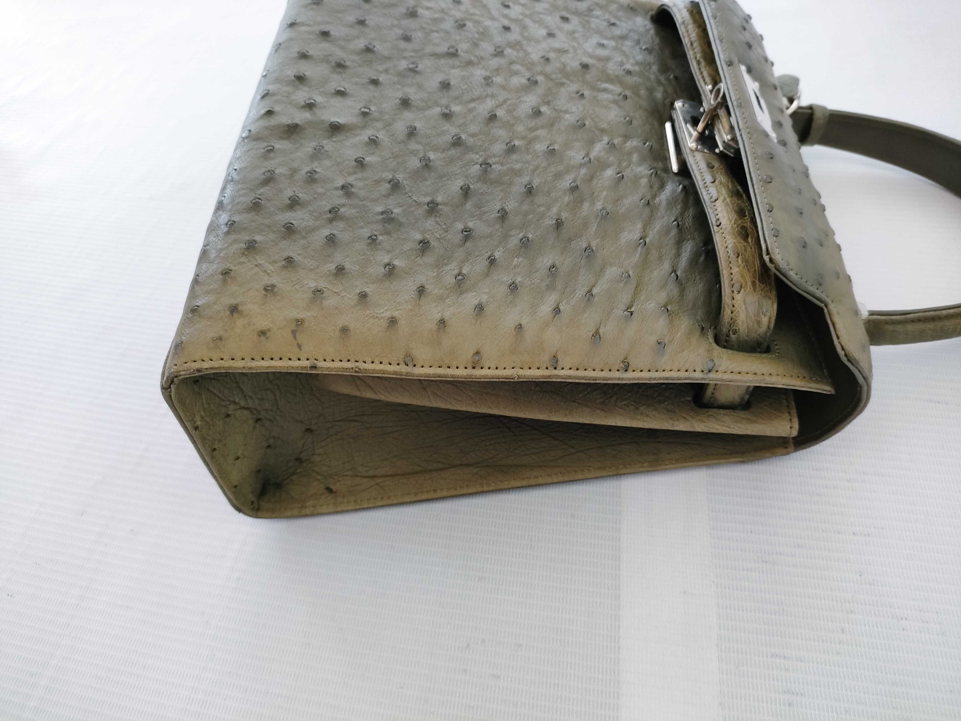 Olive Green Ostrich Leather Top Handle Bag