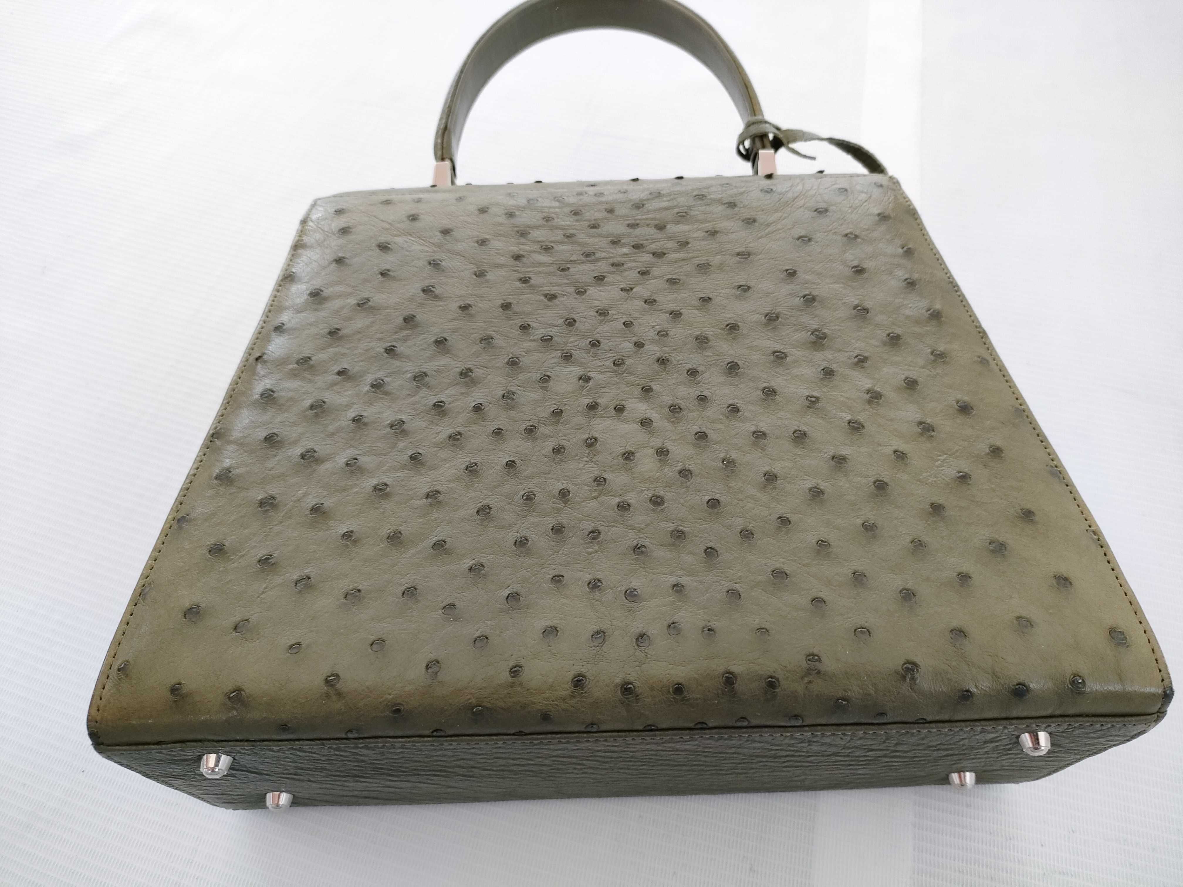Olive Green Ostrich Leather Top Handle Bag