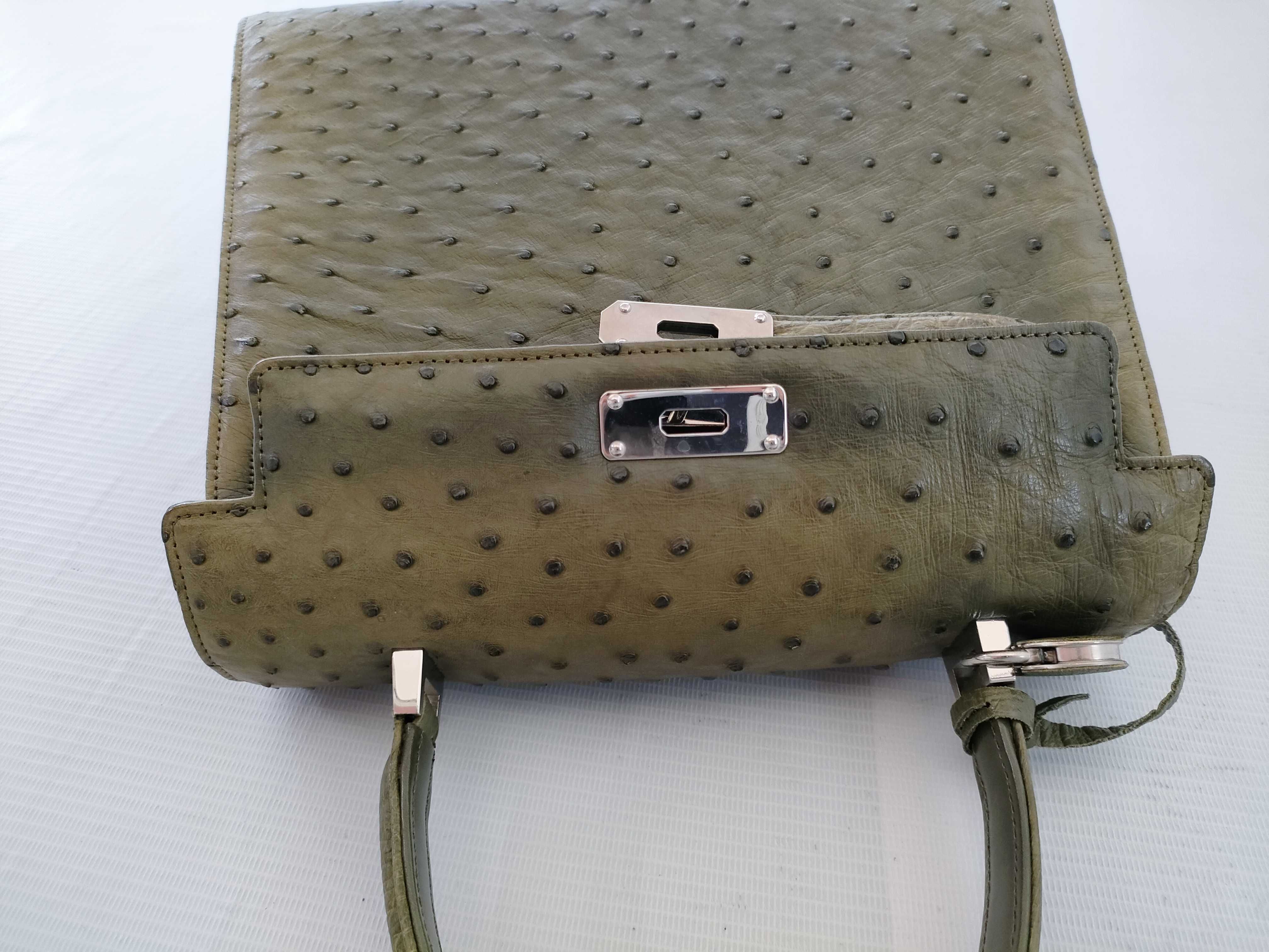 Olive Green Ostrich Leather Top Handle Bag