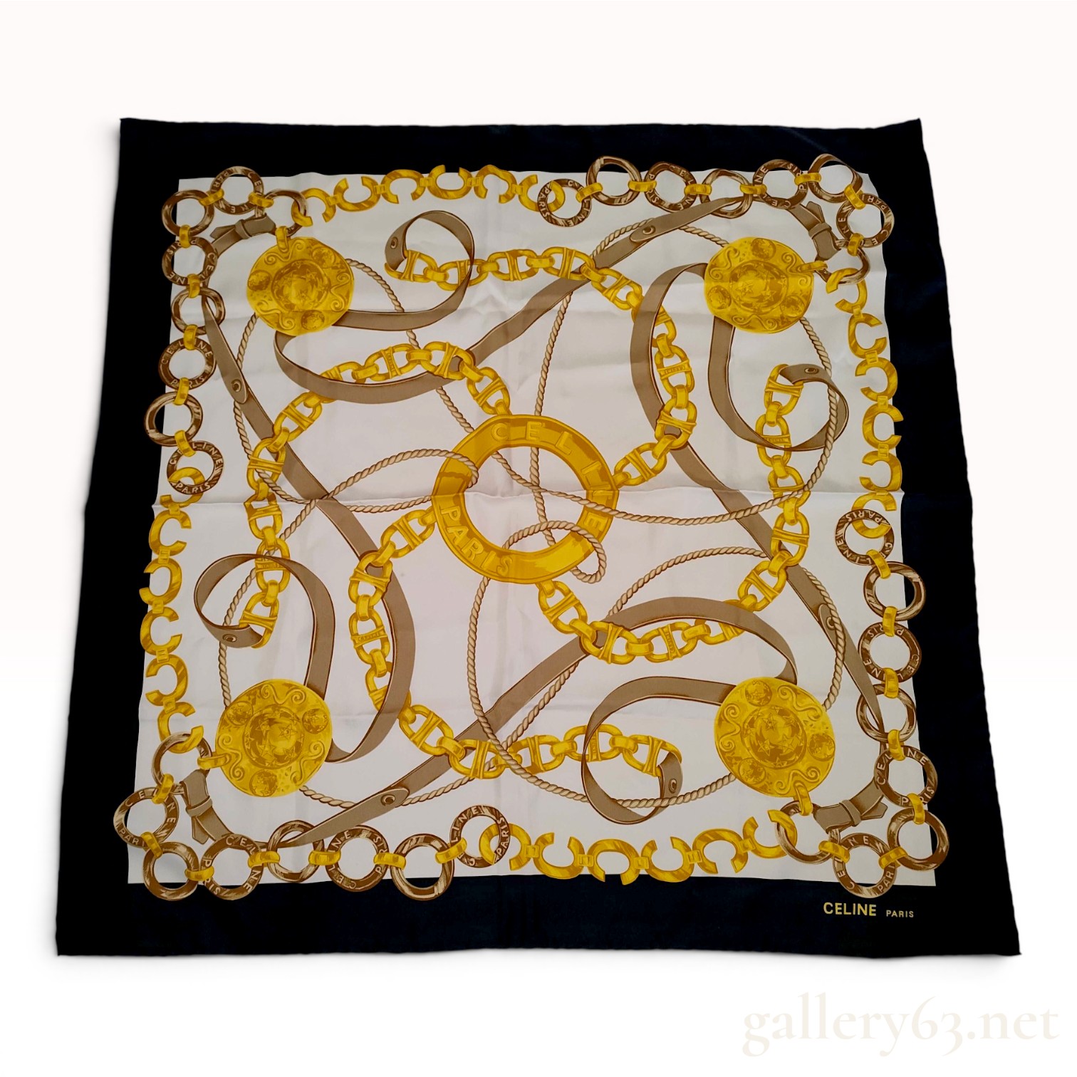 Celine Paris Square Silk Scarf with Chain and Buckle Pattern