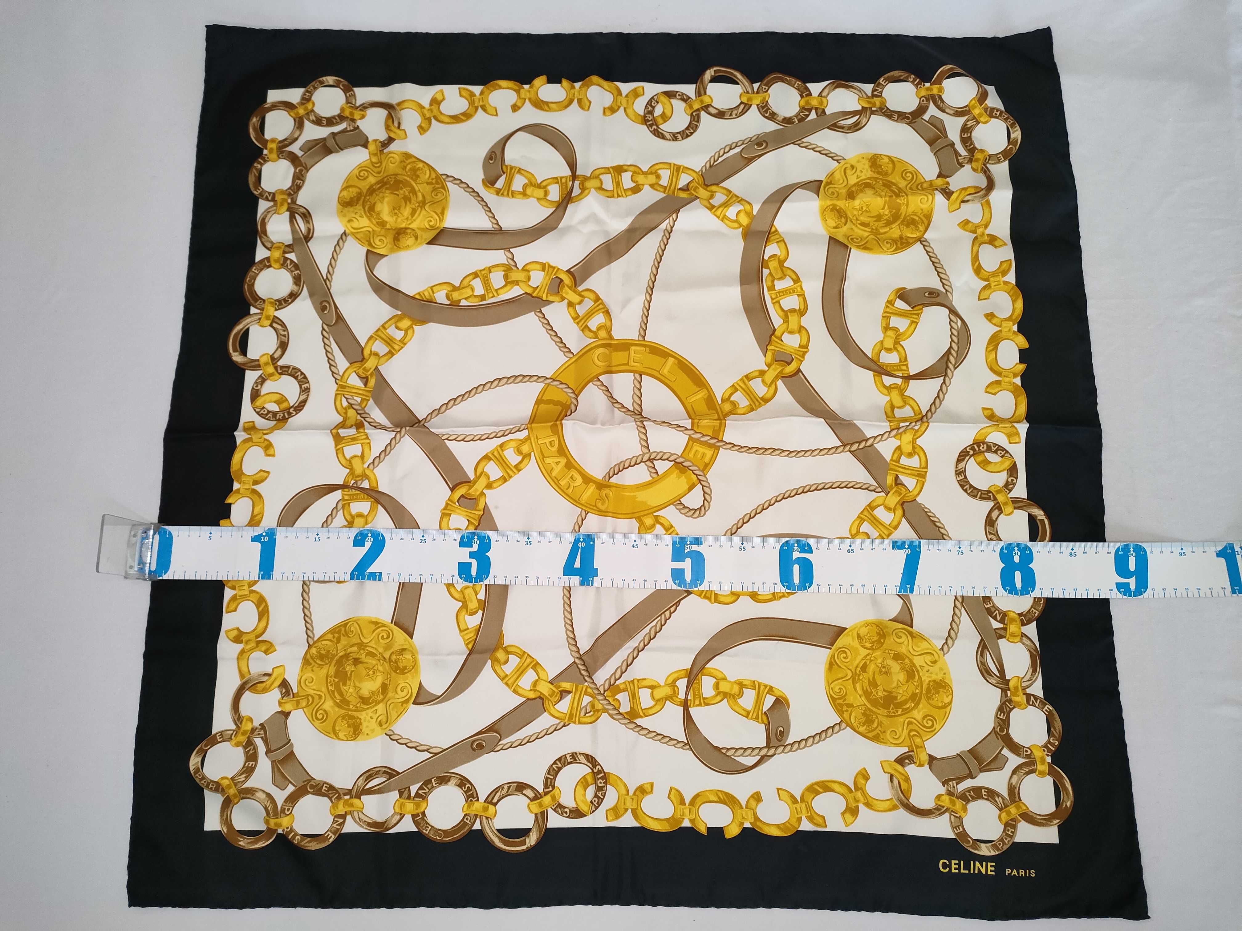 Celine Paris Square Silk Scarf with Chain and Buckle Pattern