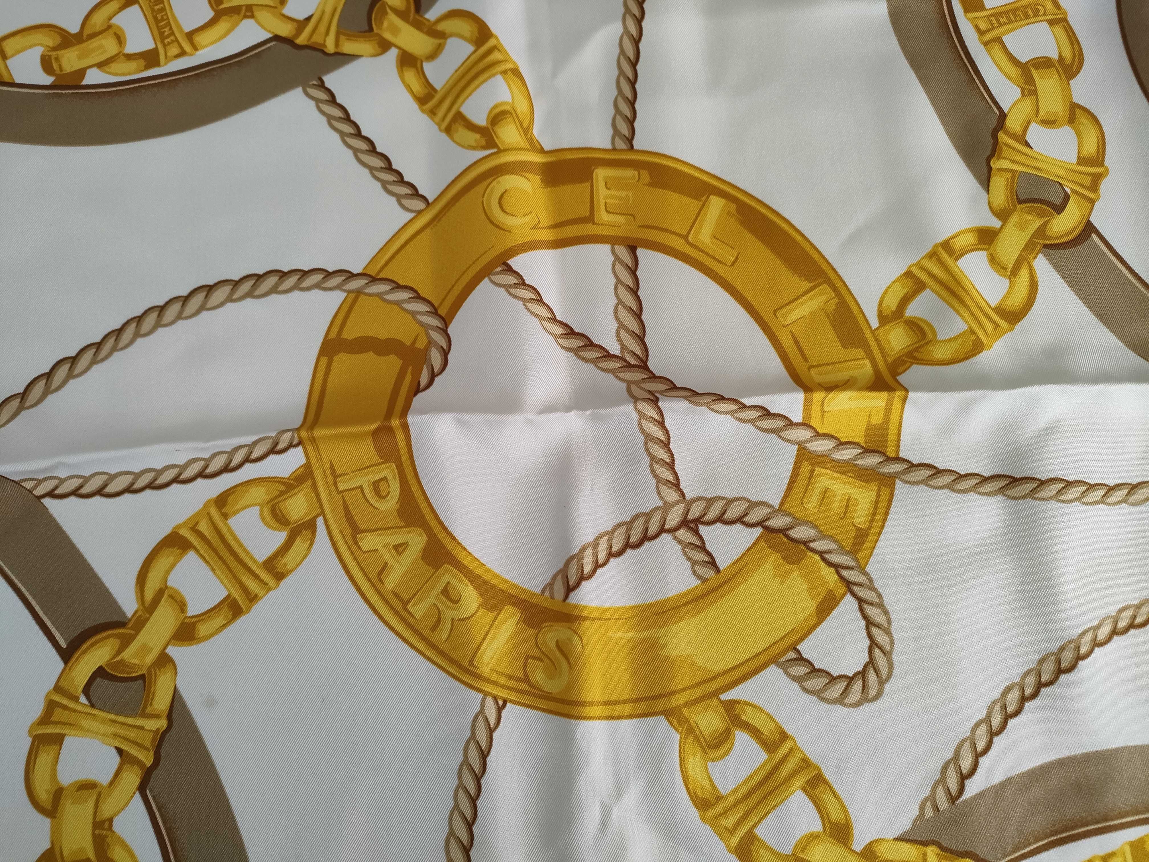 Celine Paris Square Silk Scarf with Chain and Buckle Pattern